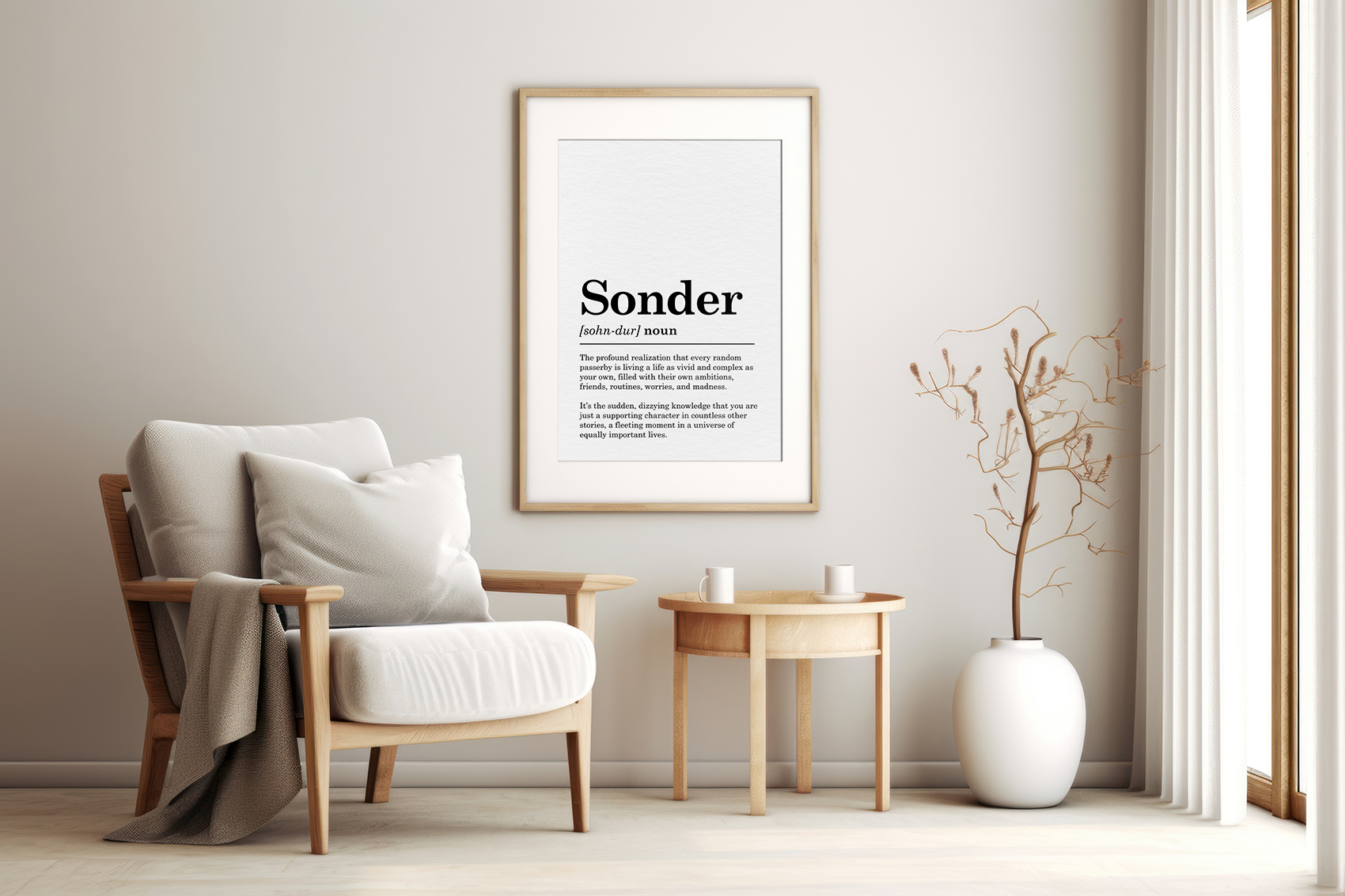 Framed poster with the definition of the word 'Sonder' hanging above a light wooden armchair with a cushion, next to a small round side table and a large white vase with branches.