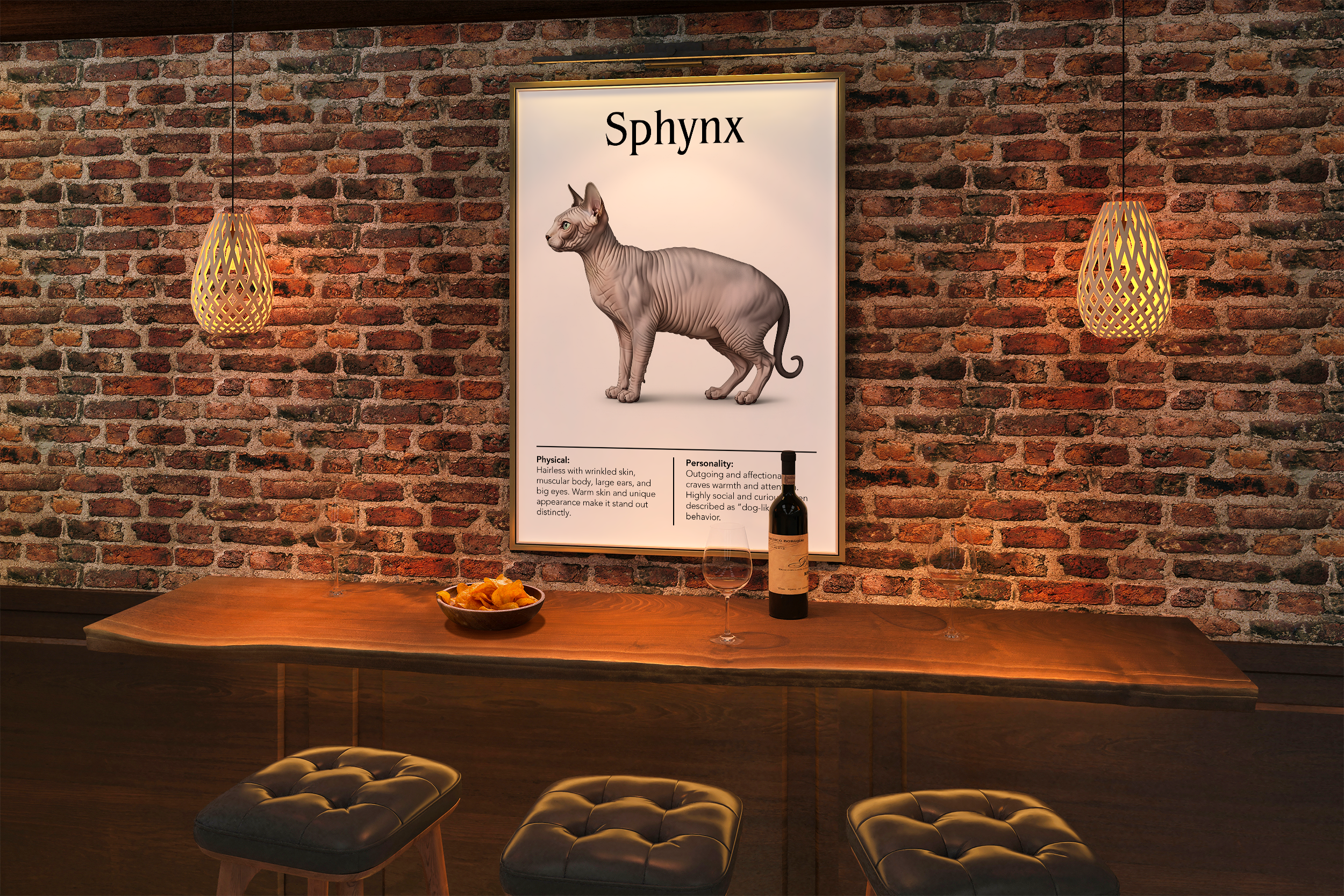 A gold-framed poster of a Sphynx cat, hanging above a wooden bar counter in a warm-lit, exposed brick room with decorative pendant lights.