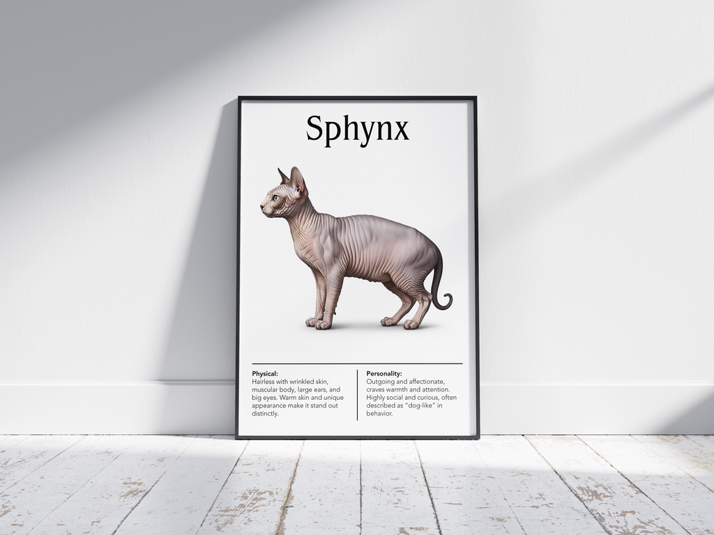 Unique Sphynx cat breed poster featuring a detailed illustration of its hairless skin, large ears, and expressive eyes, printed on semi-gloss sustainable paper. Perfect wall art for modern living rooms, minimalist offices, or artistic interiors with a distinctive and affectionate aesthetic.