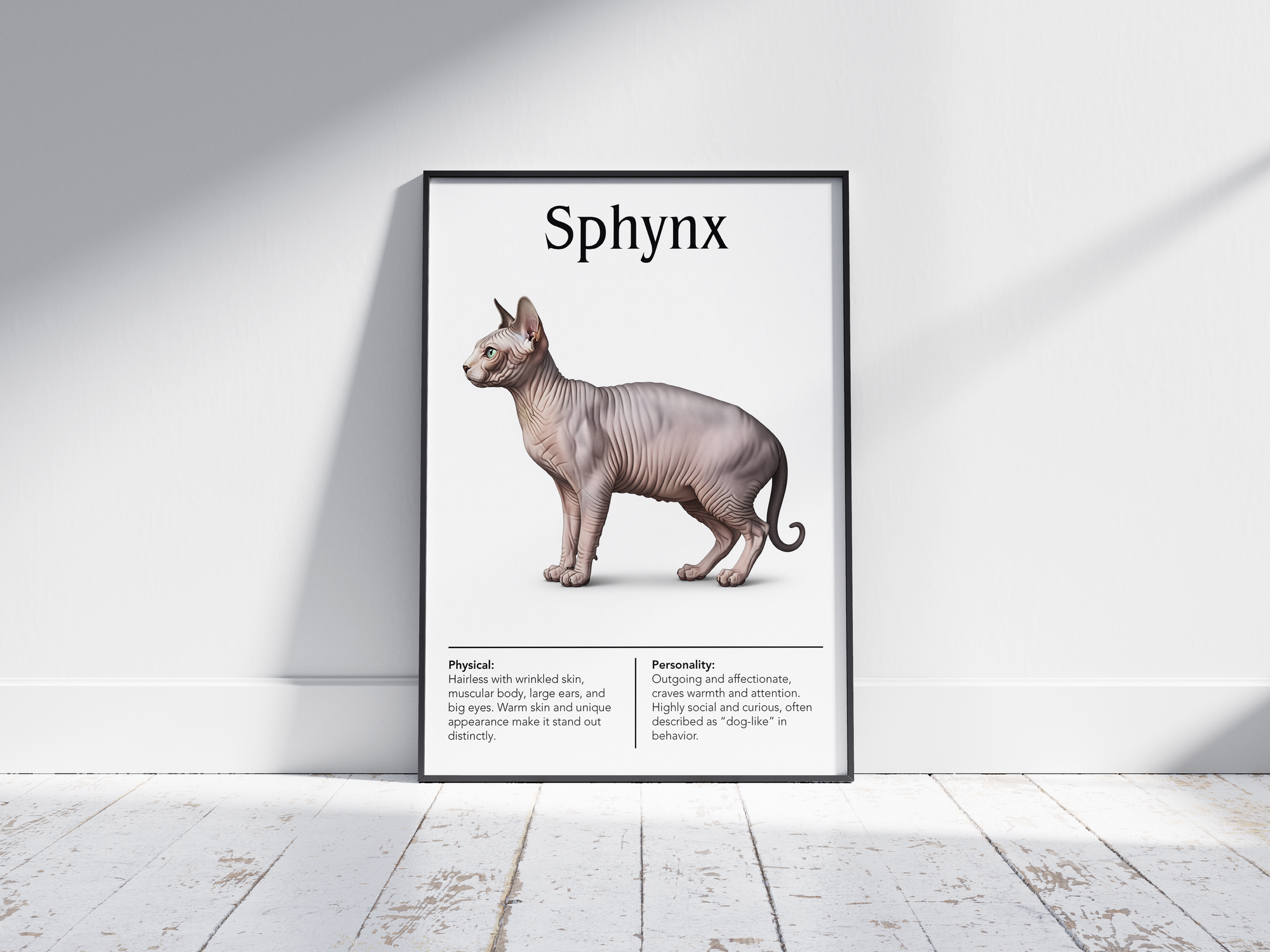 Unique Sphynx cat breed poster featuring a detailed illustration of its hairless skin, large ears, and expressive eyes, printed on semi-gloss sustainable paper. Perfect wall art for modern living rooms, minimalist offices, or artistic interiors with a distinctive and affectionate aesthetic.