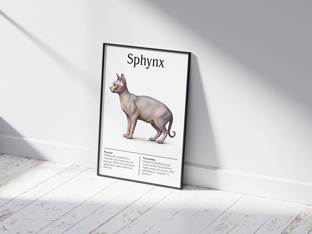 Unique Sphynx cat breed poster featuring a detailed illustration of its hairless skin, large ears, and expressive eyes, printed on semi-gloss sustainable paper. Perfect wall art for modern living rooms, minimalist offices, or artistic interiors with a distinctive and affectionate aesthetic.