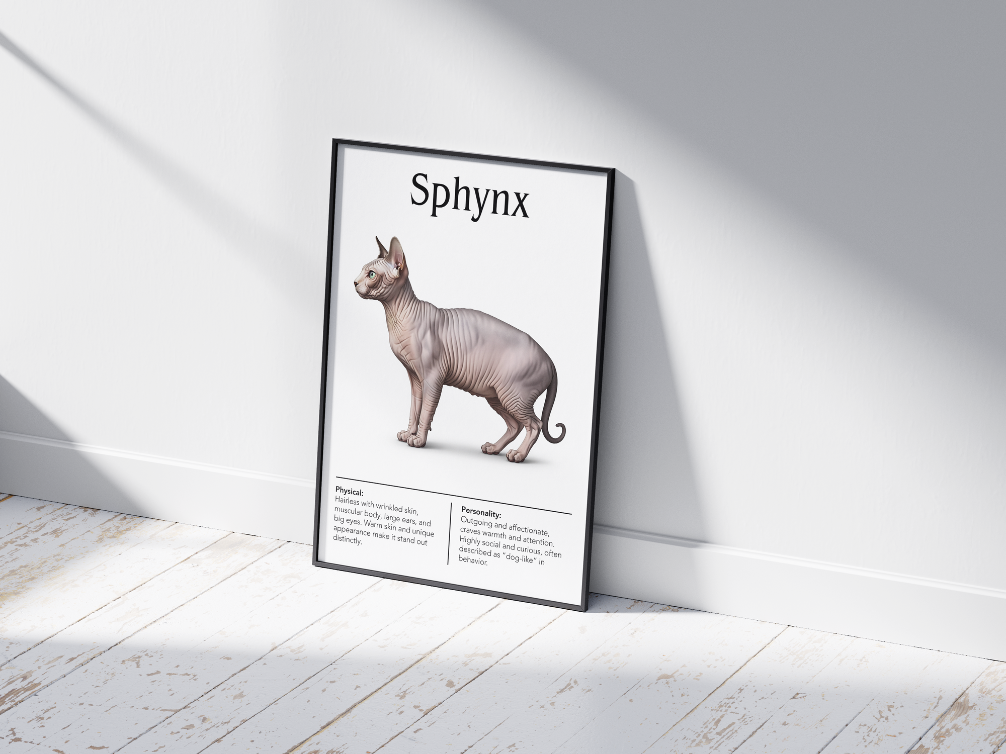 Unique Sphynx cat breed poster featuring a detailed illustration of its hairless skin, large ears, and expressive eyes, printed on semi-gloss sustainable paper. Perfect wall art for modern living rooms, minimalist offices, or artistic interiors with a distinctive and affectionate aesthetic.