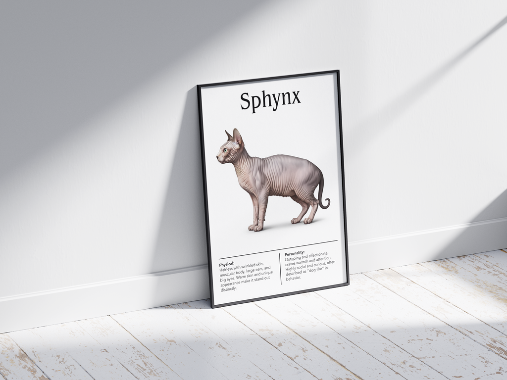 Unique Sphynx cat breed poster featuring a detailed illustration of its hairless skin, large ears, and expressive eyes, printed on semi-gloss sustainable paper. Perfect wall art for modern living rooms, minimalist offices, or artistic interiors with a distinctive and affectionate aesthetic.