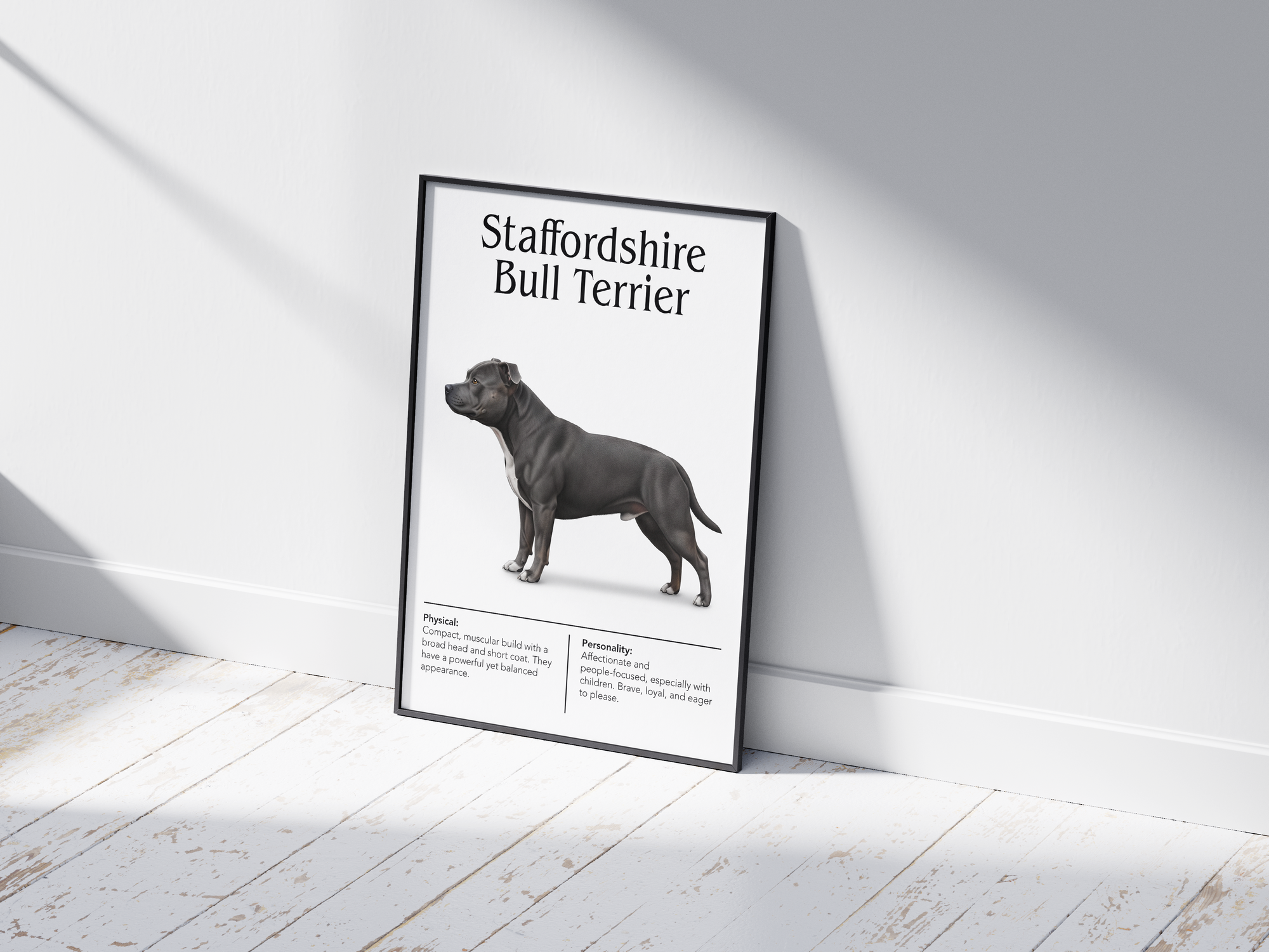 Detailed Staffordshire Bull Terrier dog breed poster showcasing its strong build and courageous, affectionate personality traits, printed on semi-gloss sustainable paper. Perfect wall art for family rooms, living rooms, or modern interiors with a robust and loving aesthetic.