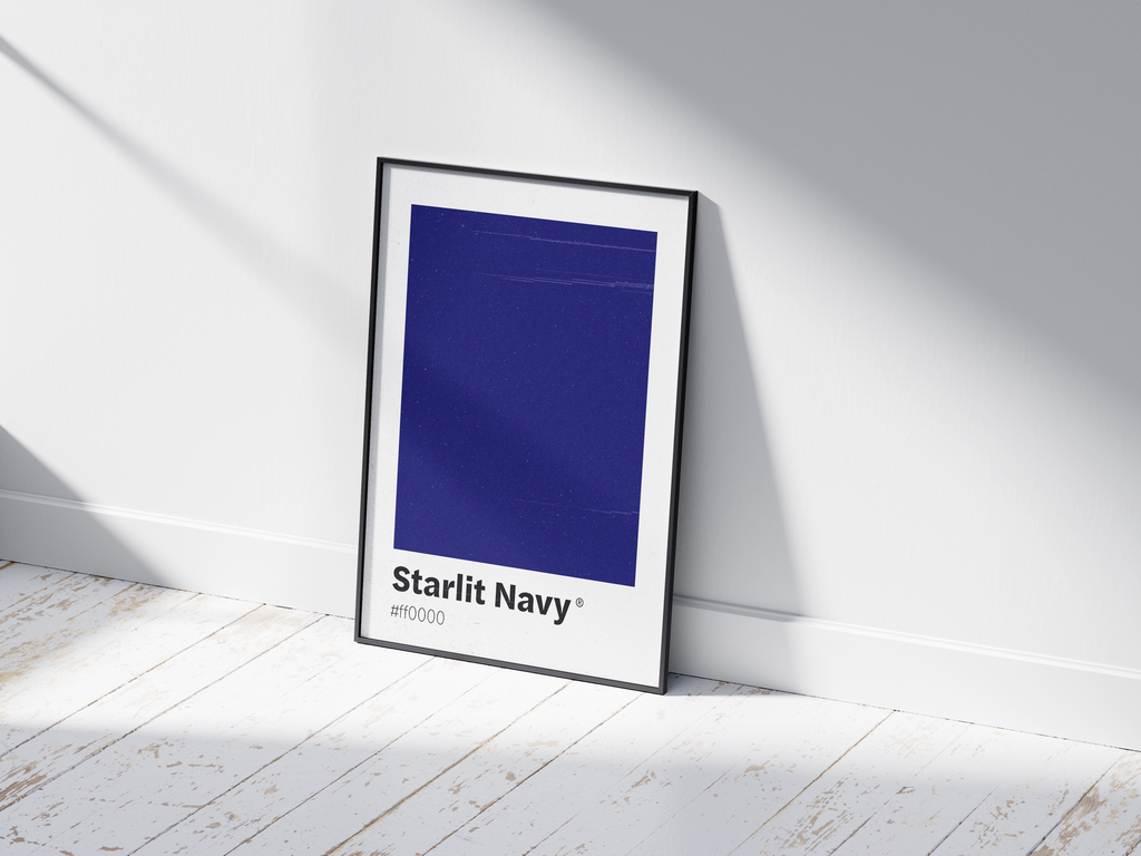 Minimalist dark blue color swatch poster featuring the unique shade "Starlit Navy" with its hexadecimal code. This modern art print is ideal for adding a sophisticated and serene touch to contemporary interiors, bedrooms, or gallery walls.