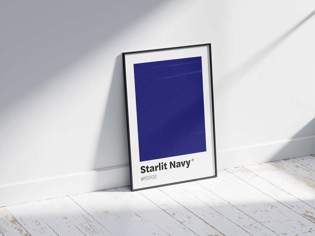 Minimalist dark blue color swatch poster featuring the unique shade "Starlit Navy" with its hexadecimal code. This modern art print is ideal for adding a sophisticated and serene touch to contemporary interiors, bedrooms, or gallery walls.