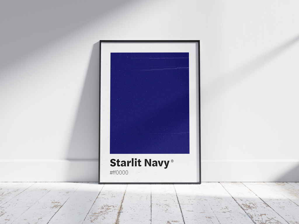 Minimalist dark blue color swatch poster featuring the unique shade "Starlit Navy" with its hexadecimal code. This modern art print is ideal for adding a sophisticated and serene touch to contemporary interiors, bedrooms, or gallery walls.