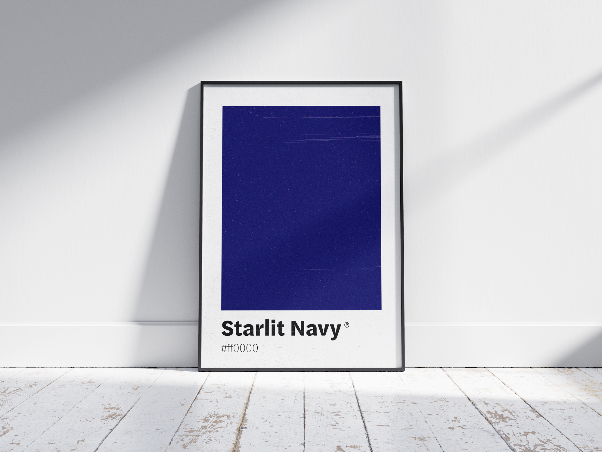 Minimalist dark blue color swatch poster featuring the unique shade "Starlit Navy" with its hexadecimal code. This modern art print is ideal for adding a sophisticated and serene touch to contemporary interiors, bedrooms, or gallery walls.