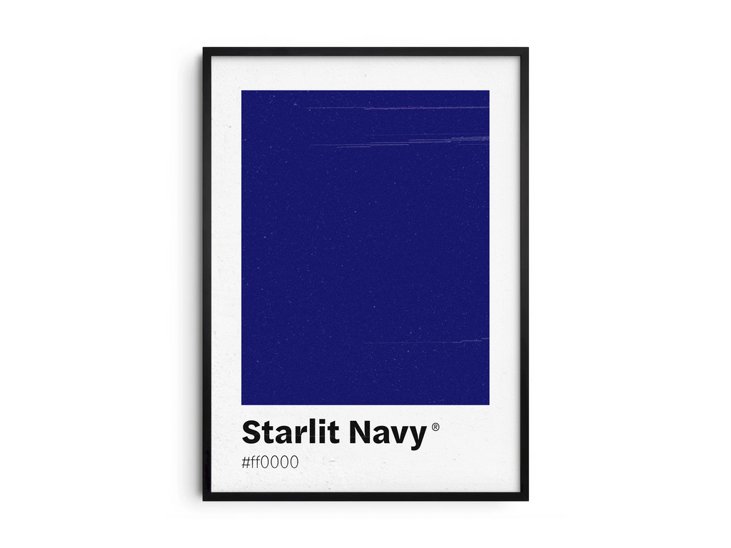 Minimalist dark blue color swatch poster featuring the unique shade "Starlit Navy" with its hexadecimal code. This modern art print is ideal for adding a sophisticated and serene touch to contemporary interiors, bedrooms, or gallery walls.