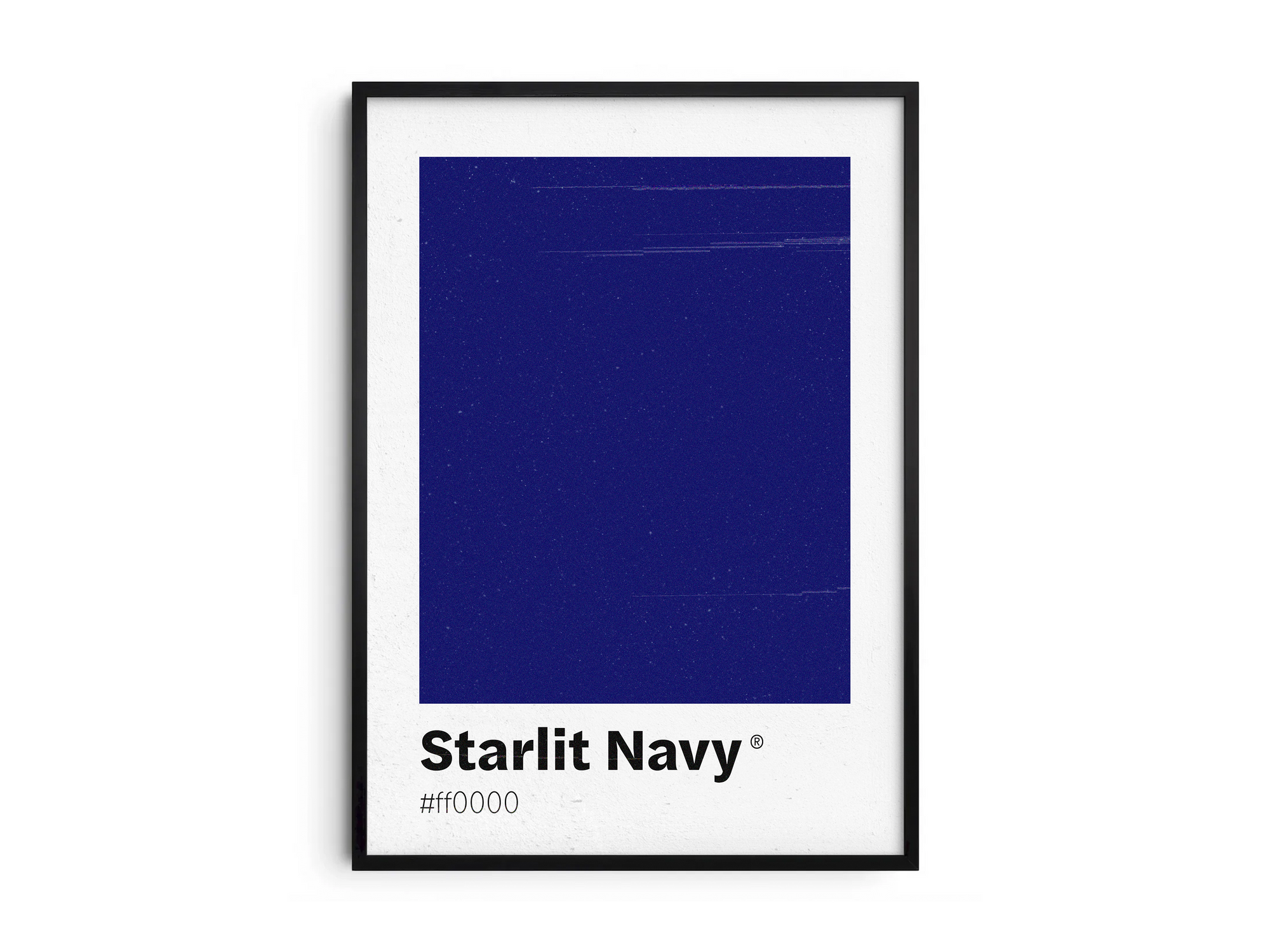 Minimalist dark blue color swatch poster featuring the unique shade "Starlit Navy" with its hexadecimal code. This modern art print is ideal for adding a sophisticated and serene touch to contemporary interiors, bedrooms, or gallery walls.