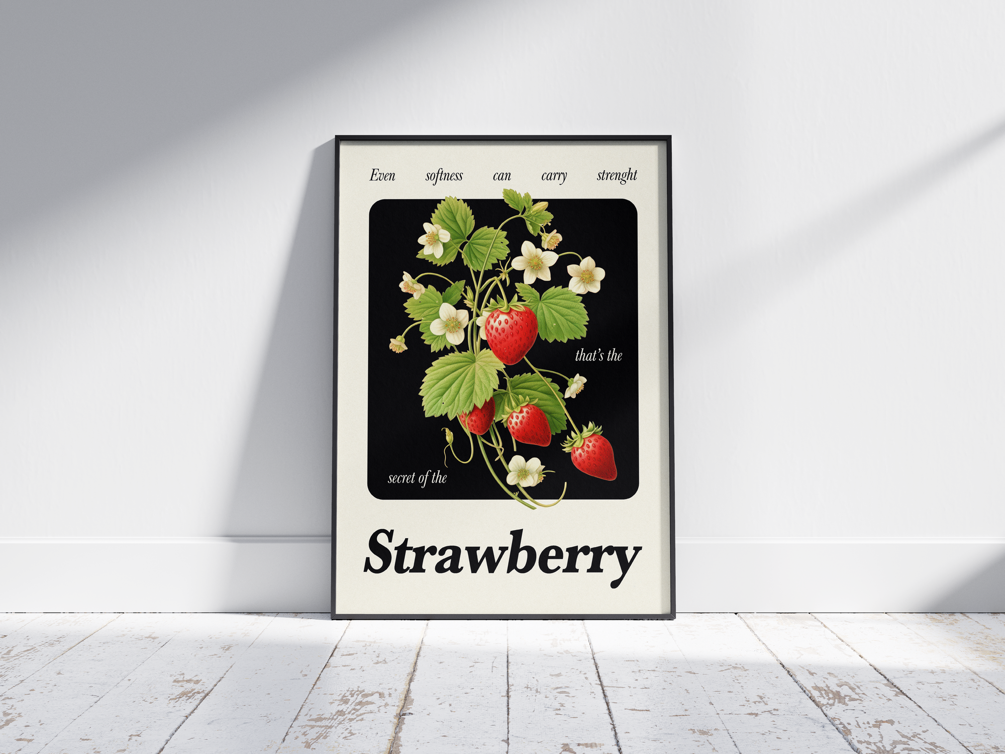 Minimalist botanical strawberry poster featuring a detailed fruit illustration and an inspiring quote, printed on semi-gloss sustainable paper. Perfect wall art for kitchens, dining areas, or modern interiors with a calm and natural aesthetic.