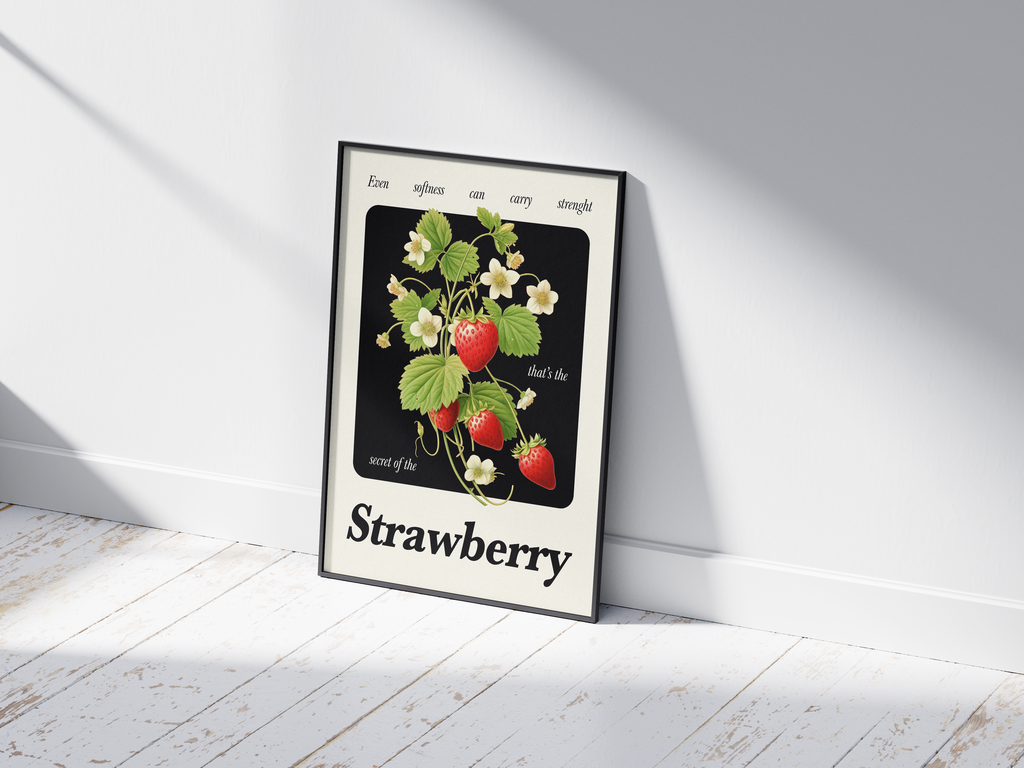 Minimalist botanical strawberry poster featuring a detailed fruit illustration and an inspiring quote, printed on semi-gloss sustainable paper. Perfect wall art for kitchens, dining areas, or modern interiors with a calm and natural aesthetic.
