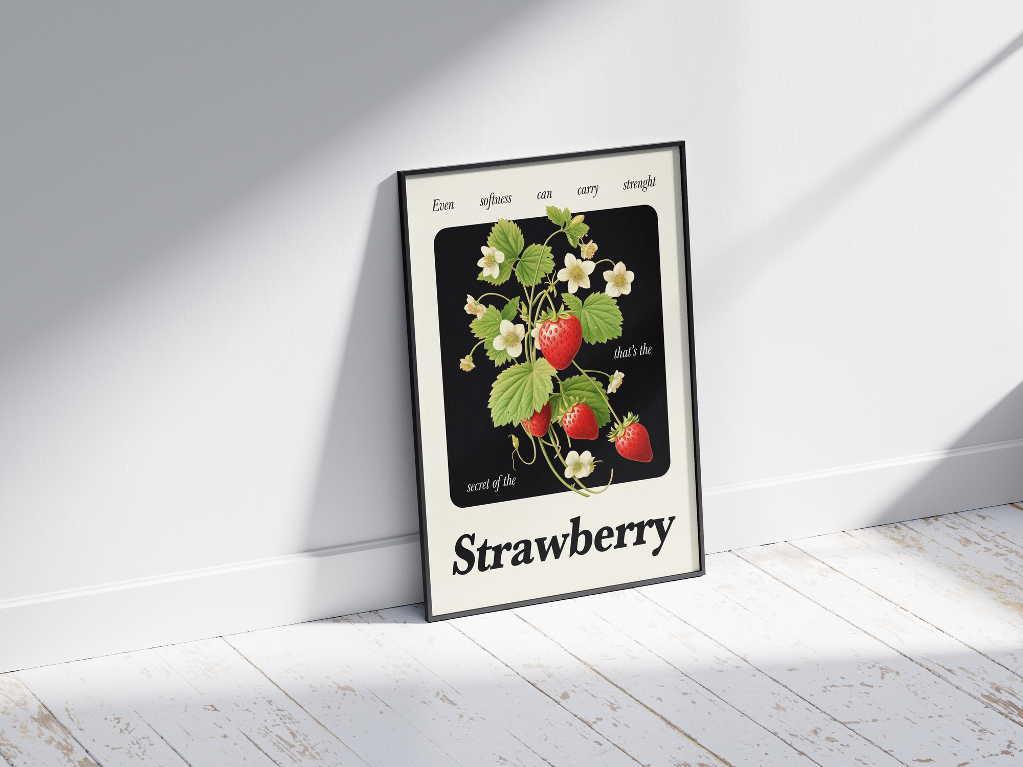 Minimalist botanical strawberry poster featuring a detailed fruit illustration and an inspiring quote, printed on semi-gloss sustainable paper. Perfect wall art for kitchens, dining areas, or modern interiors with a calm and natural aesthetic.