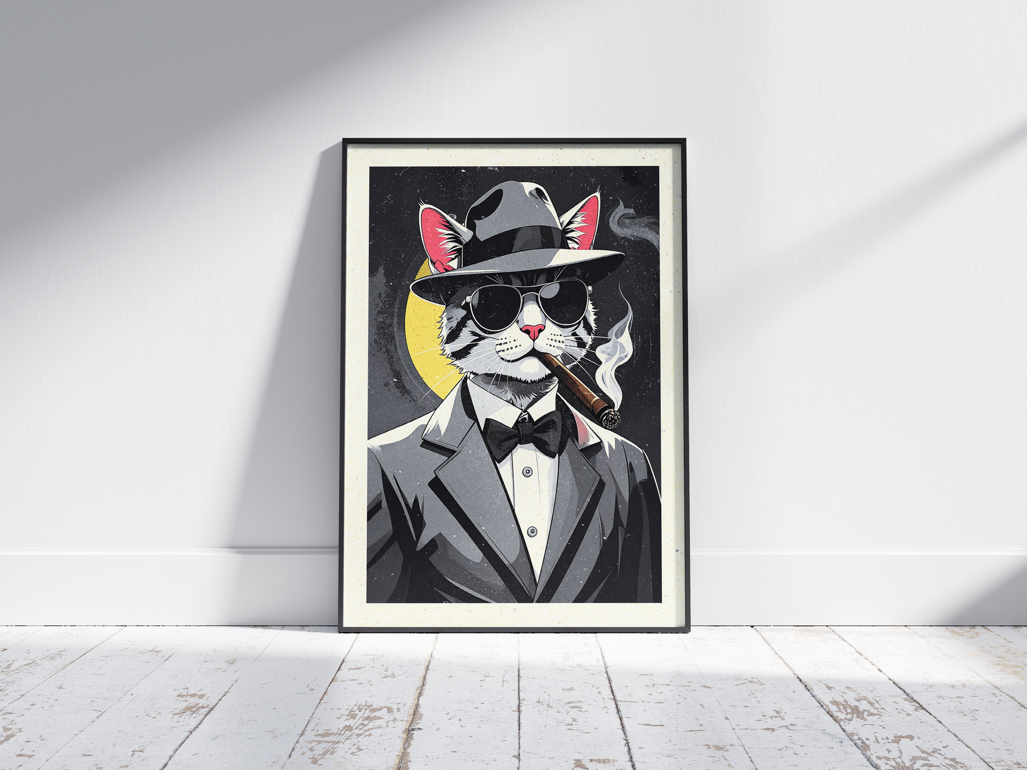 Bold art poster featuring a stylish cat wearing a suit and fedora, exuding a boss-like presence, printed on semi-gloss sustainable paper. Perfect wall art for offices, living rooms, or any space desiring a cool, sophisticated, or unique touch.