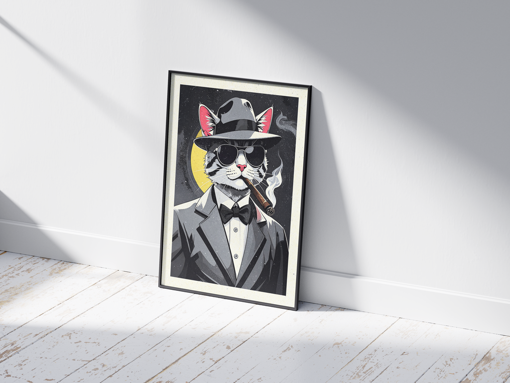 Bold art poster featuring a stylish cat wearing a suit and fedora, exuding a boss-like presence, printed on semi-gloss sustainable paper. Perfect wall art for offices, living rooms, or any space desiring a cool, sophisticated, or unique touch.