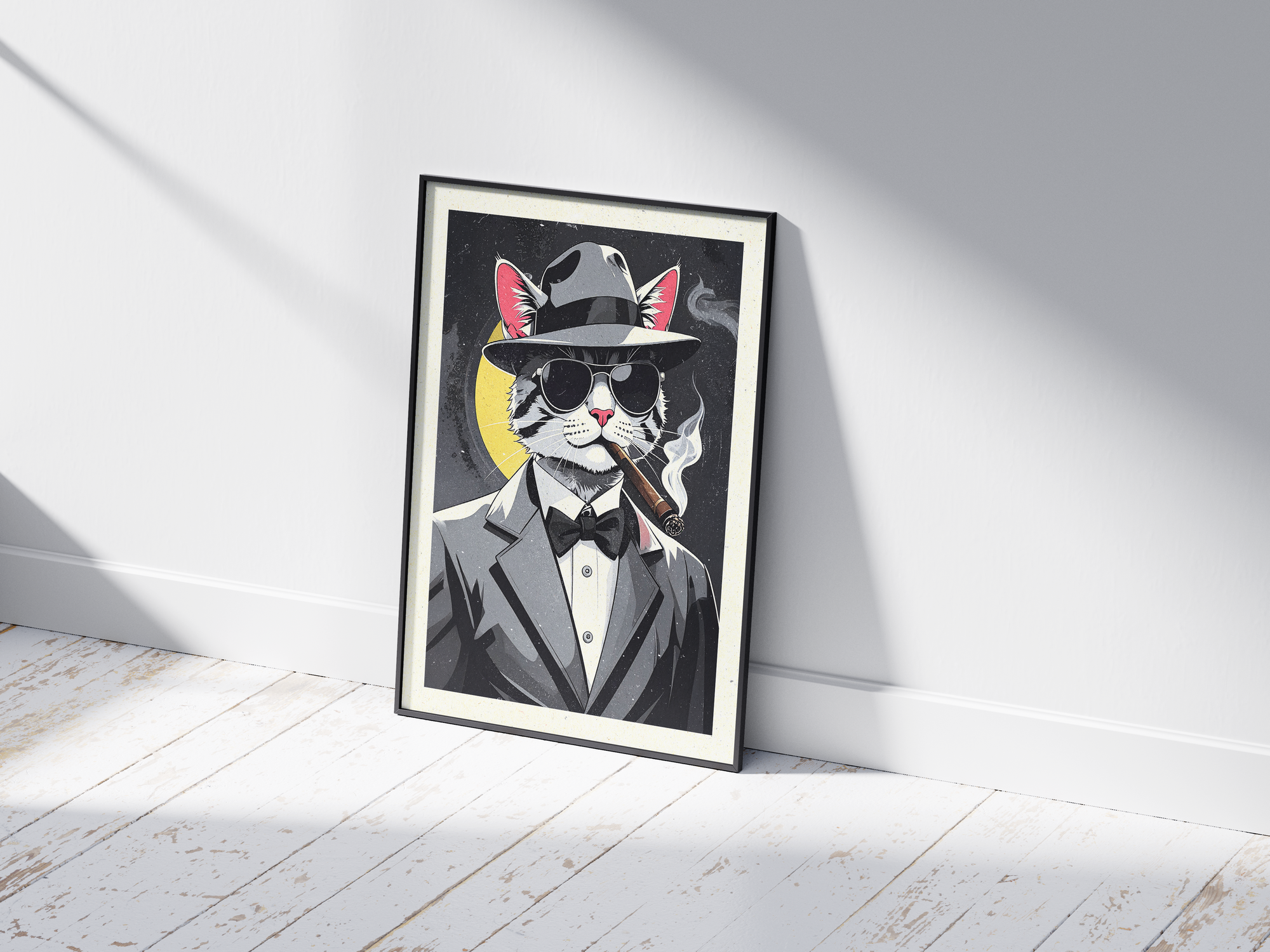 Bold art poster featuring a stylish cat wearing a suit and fedora, exuding a boss-like presence, printed on semi-gloss sustainable paper. Perfect wall art for offices, living rooms, or any space desiring a cool, sophisticated, or unique touch.