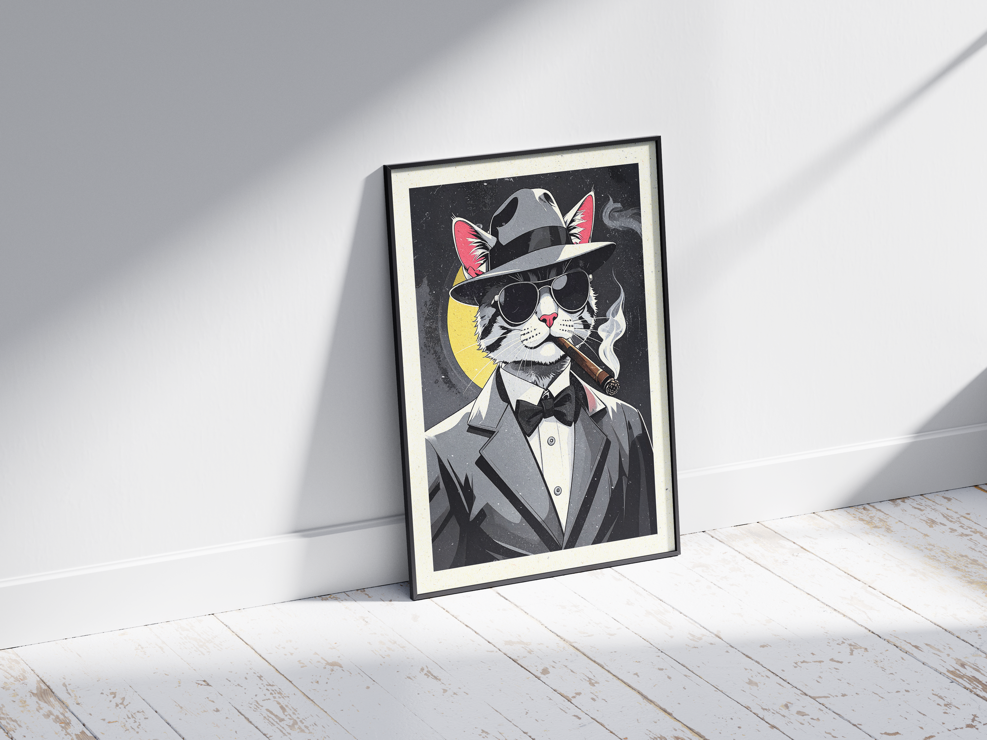 Bold art poster featuring a stylish cat wearing a suit and fedora, exuding a boss-like presence, printed on semi-gloss sustainable paper. Perfect wall art for offices, living rooms, or any space desiring a cool, sophisticated, or unique touch.
