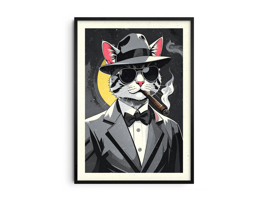 Bold art poster featuring a stylish cat wearing a suit and fedora, exuding a boss-like presence, printed on semi-gloss sustainable paper. Perfect wall art for offices, living rooms, or any space desiring a cool, sophisticated, or unique touch.