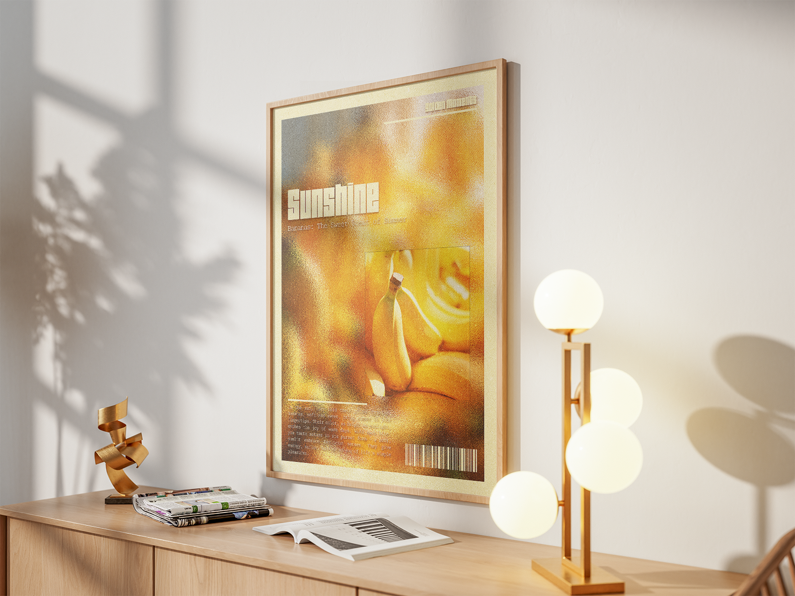 An energetic abstract typography print featuring the word "SUNSHINE" over a warm, textured yellow and orange background, likely suggesting bananas or citrus fruit, with a modern, grainy filter effect. Ideal for adding a warm, bright accent to a kitchen, studio, or living area. The framed art is propped on a light wooden cabinet alongside a modern gold sculpture, a multi-globe table lamp, and open magazines, creating a stylish vignette.