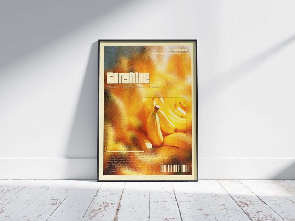 Minimalist yet vibrant retro banana poster featuring the word 'SUNSHINE' and a grainy, warm yellow texture. Perfect wall art for kitchens, dining areas, or modern interiors with a positive, mid-century aesthetic.