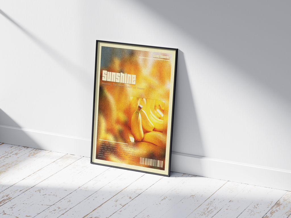 Minimalist yet vibrant retro banana poster featuring the word 'SUNSHINE' and a grainy, warm yellow texture. Perfect wall art for kitchens, dining areas, or modern interiors with a positive, mid-century aesthetic.