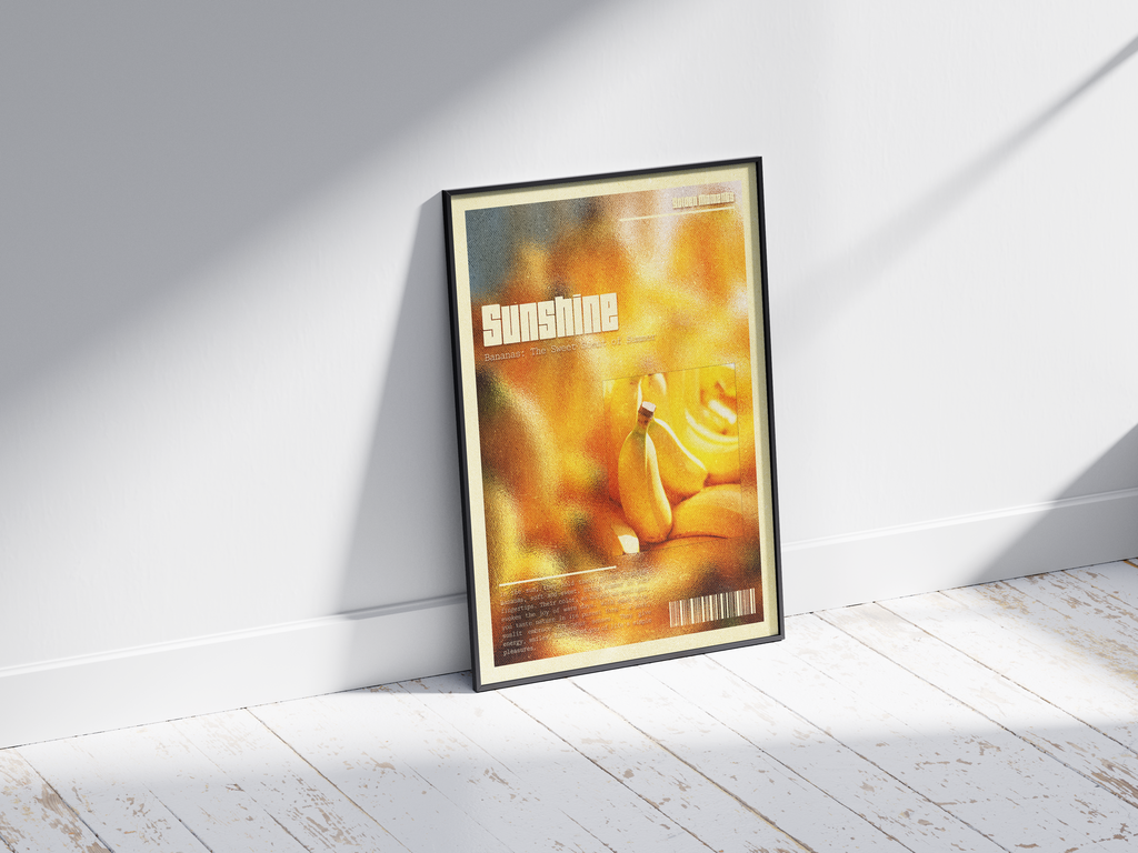 Minimalist yet vibrant retro banana poster featuring the word 'SUNSHINE' and a grainy, warm yellow texture. Perfect wall art for kitchens, dining areas, or modern interiors with a positive, mid-century aesthetic.