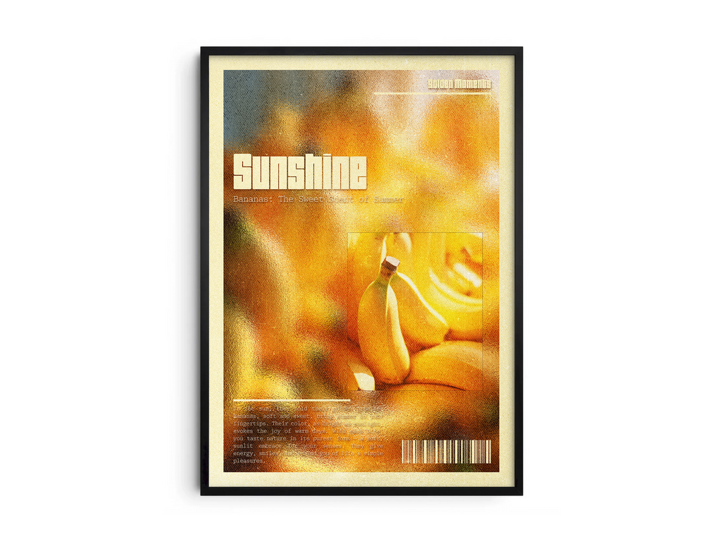 Minimalist yet vibrant retro banana poster featuring the word 'SUNSHINE' and a grainy, warm yellow texture. Perfect wall art for kitchens, dining areas, or modern interiors with a positive, mid-century aesthetic.