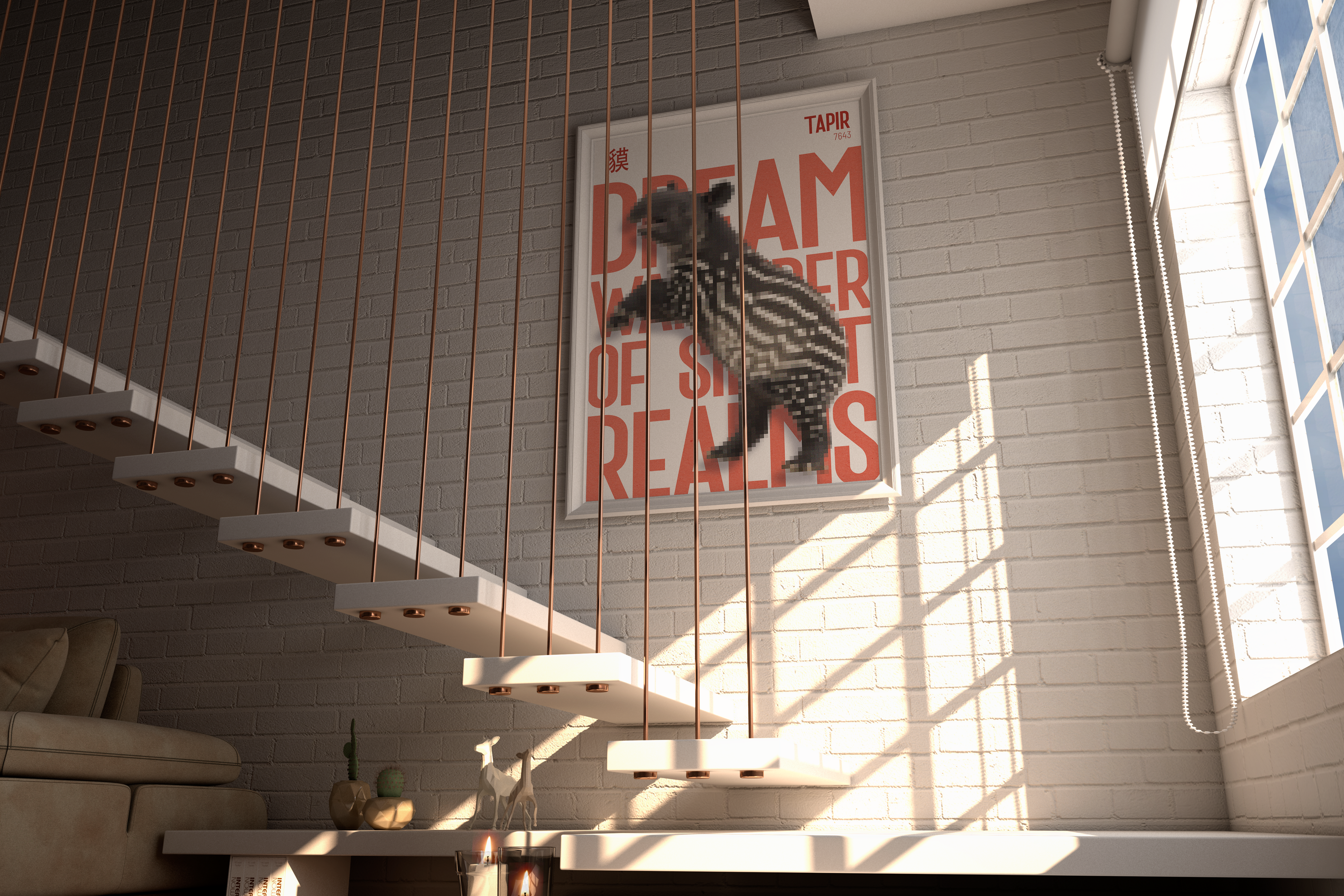 A framed poster of a Tapir with a distinctive striped coat, illustrated with a pixelated effect and large red text that says "DREAM WALKER OF SHAPED REALMS." The poster hangs on a white brick wall in a sunlit area above a modern floating staircase with copper vertical railings.