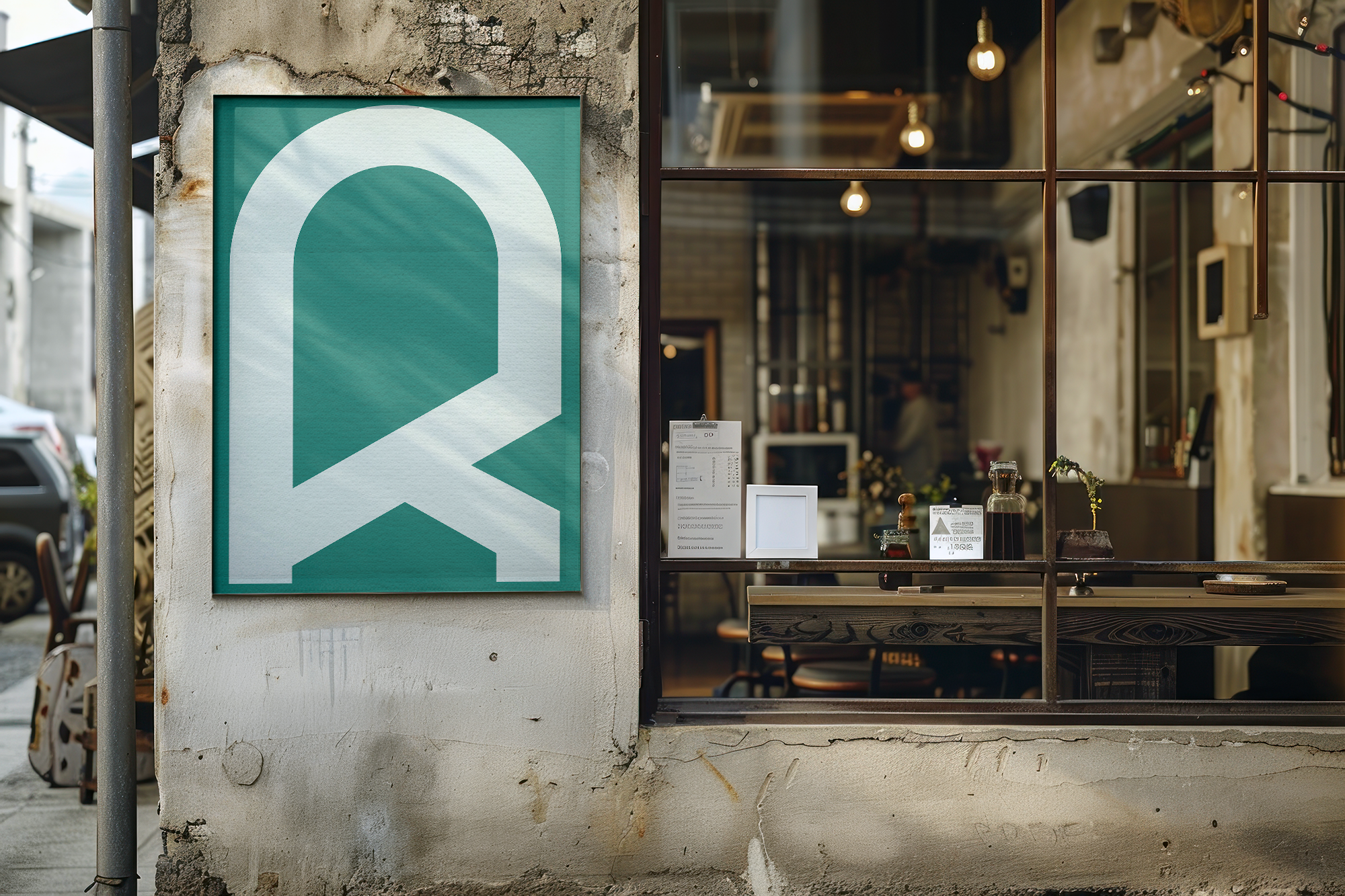 A framed poster with a large white, arch-like graphic on a teal background, hanging on a rough, distressed exterior wall next to a large window. The interior of a cafe is visible through the window.