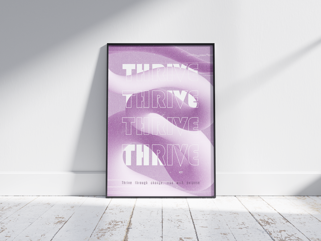 Inspiring "Thrive" abstract art poster featuring stylized white text on a flowing purple and white background, printed on semi-gloss sustainable paper. Perfect wall art for offices, bedrooms, or modern interiors with a motivational and empowering aesthetic.
