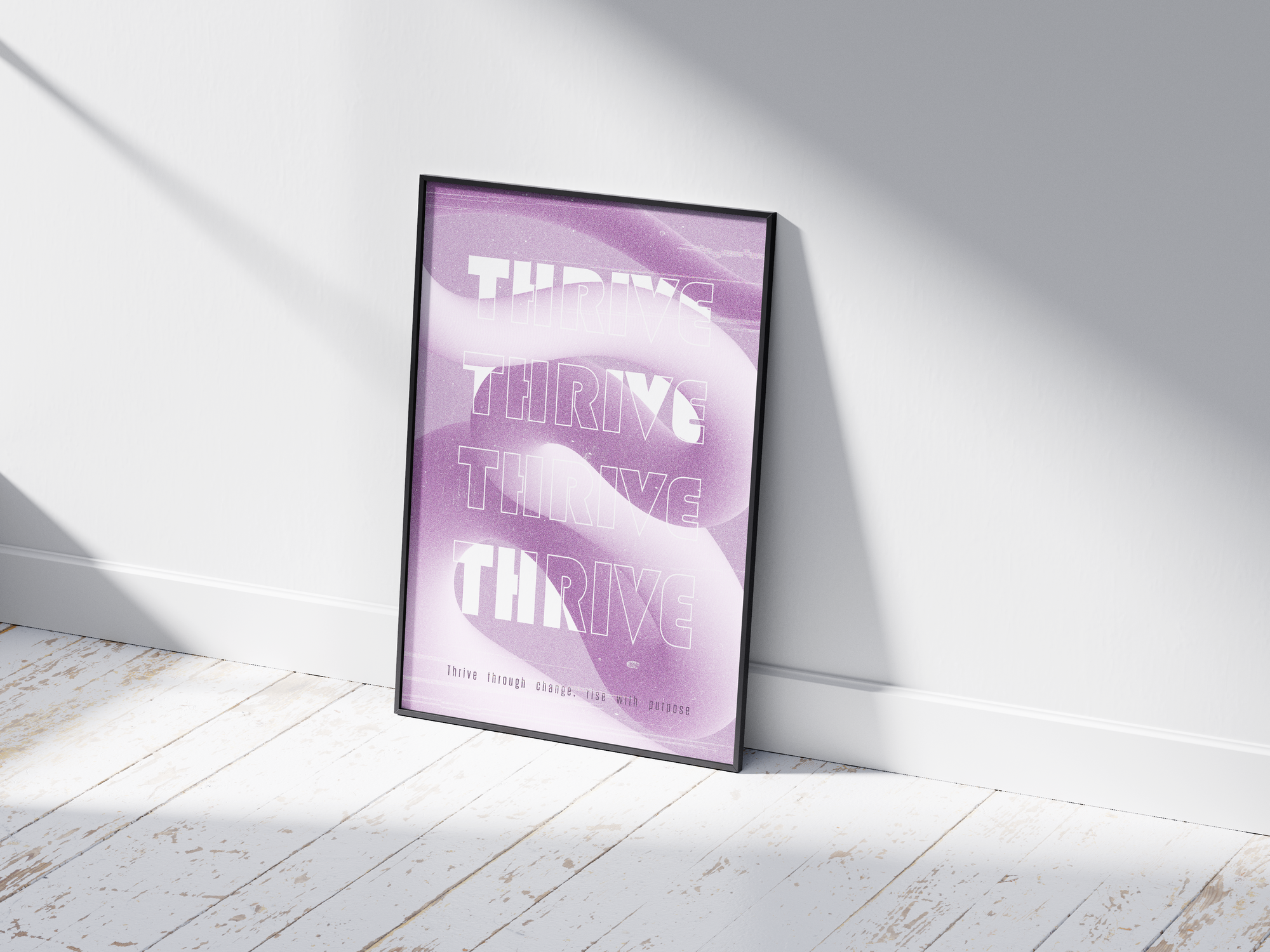 Inspiring "Thrive" abstract art poster featuring stylized white text on a flowing purple and white background, printed on semi-gloss sustainable paper. Perfect wall art for offices, bedrooms, or modern interiors with a motivational and empowering aesthetic.