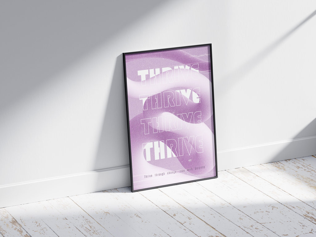 Inspiring "Thrive" abstract art poster featuring stylized white text on a flowing purple and white background, printed on semi-gloss sustainable paper. Perfect wall art for offices, bedrooms, or modern interiors with a motivational and empowering aesthetic.