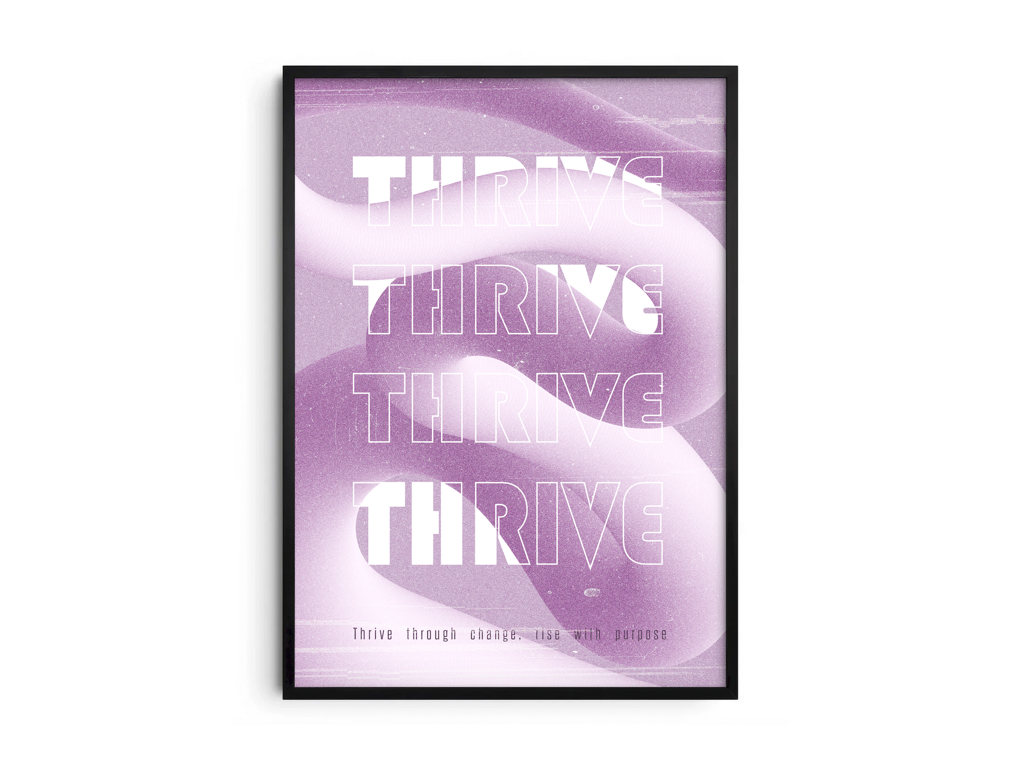 Inspiring "Thrive" abstract art poster featuring stylized white text on a flowing purple and white background, printed on semi-gloss sustainable paper. Perfect wall art for offices, bedrooms, or modern interiors with a motivational and empowering aesthetic.