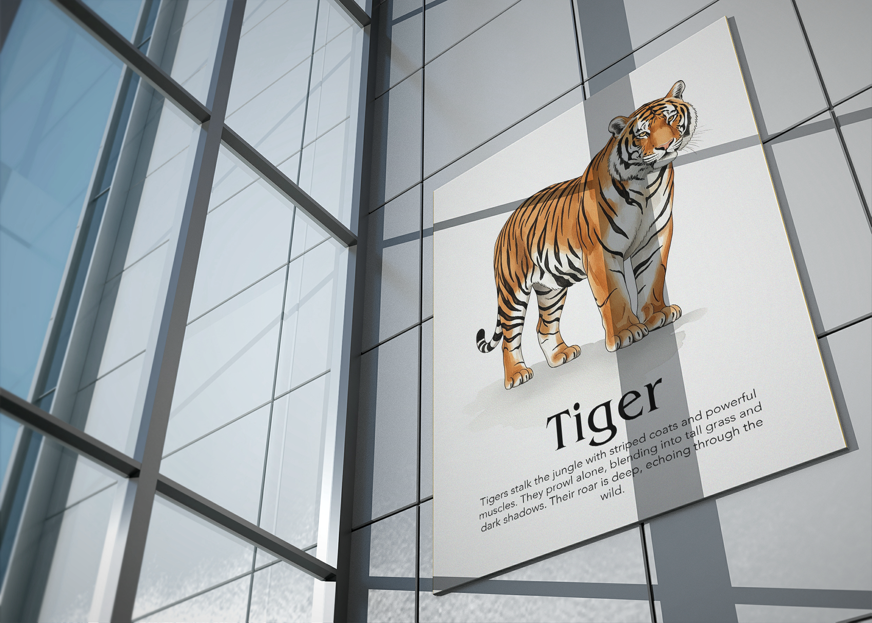 A large poster of a realistic illustration of a tiger standing, with the title "Tiger" and descriptive text below, hanging on a sleek, tiled wall next to a large, floor-to-ceiling modern window with metal frames.
