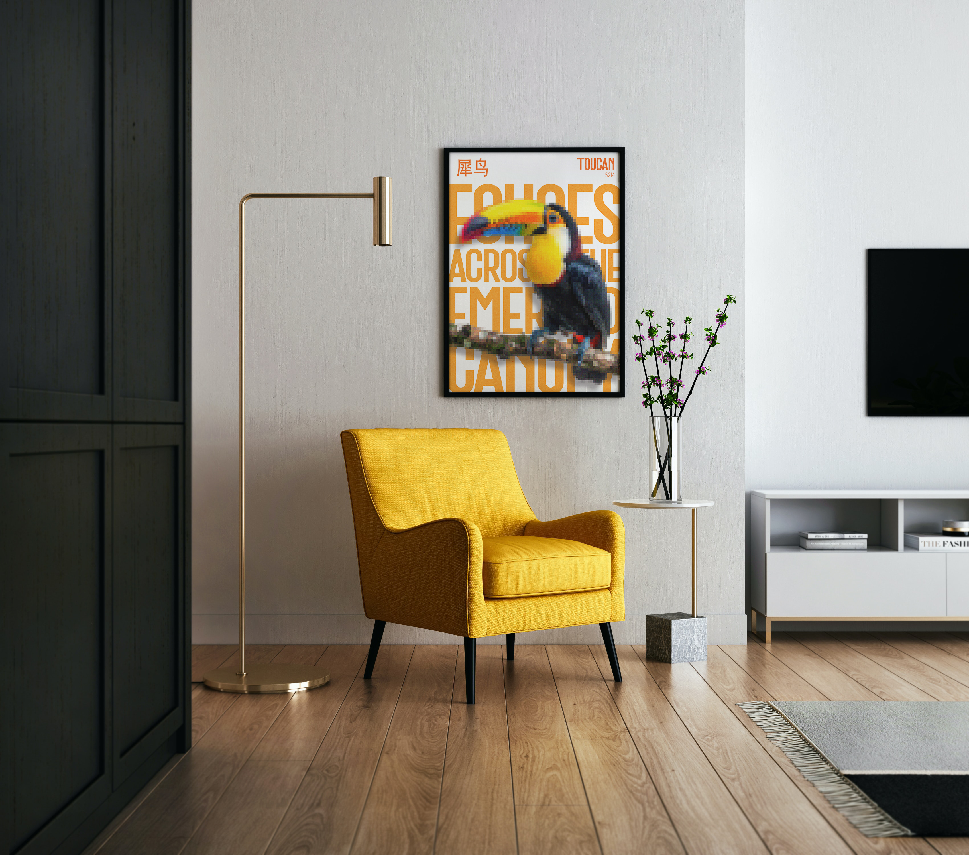 A framed poster featuring a bright Toucan (Ramphastos genus) with large yellow, orange, and black beak, set against a background of large orange text. The poster hangs above a vibrant yellow armchair and a thin gold floor lamp in a modern living room setting.