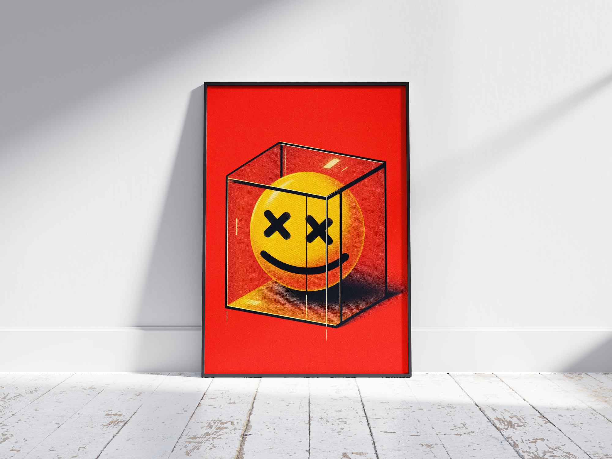 Vibrant pop art poster featuring a yellow smiley face with X eyes trapped inside a transparent cube against a red background, printed on semi-gloss sustainable paper. Perfect wall art for living rooms, game rooms, or modern interiors with a bold and edgy aesthetic.