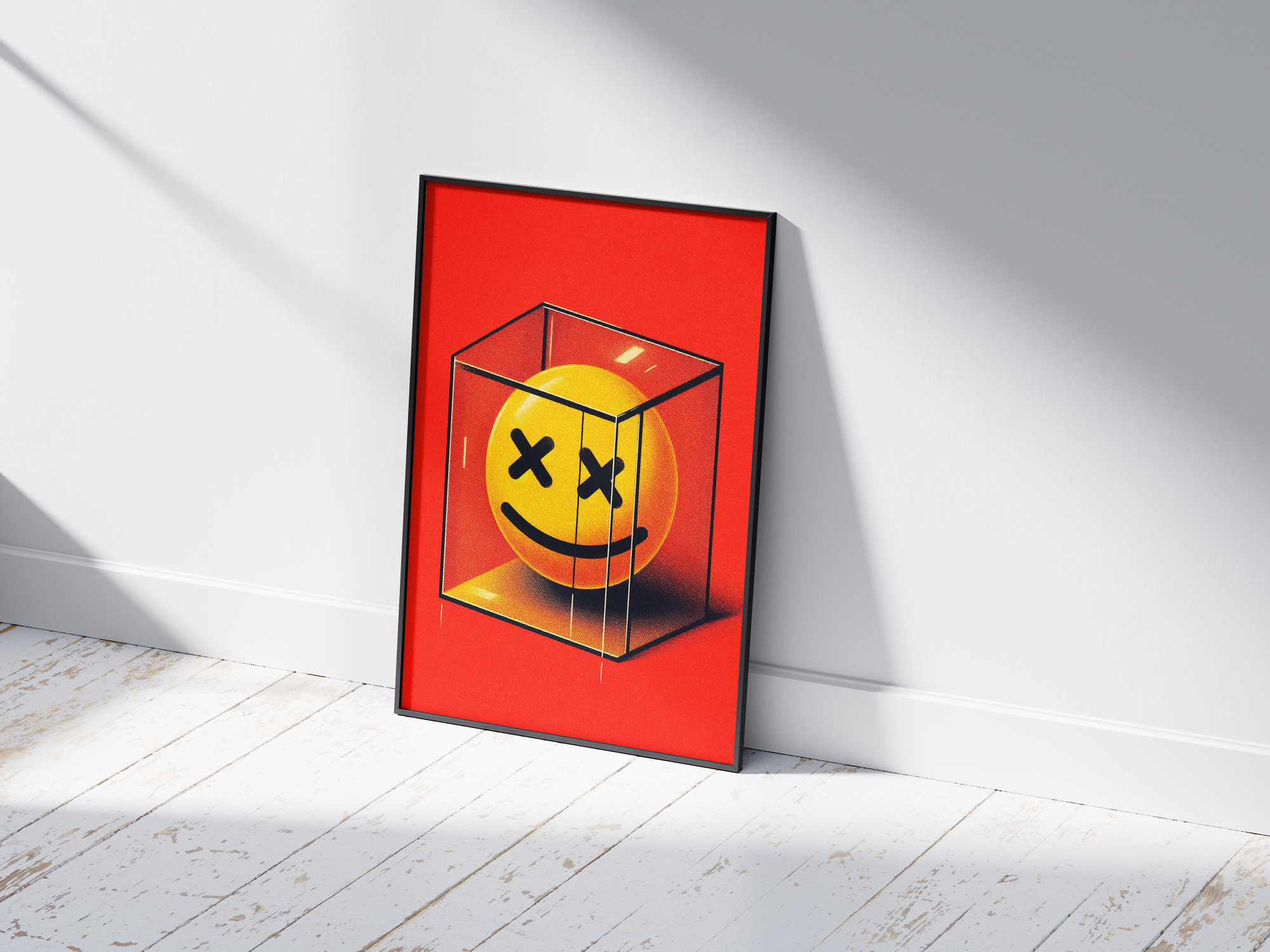 Vibrant pop art poster featuring a yellow smiley face with X eyes trapped inside a transparent cube against a red background, printed on semi-gloss sustainable paper. Perfect wall art for living rooms, game rooms, or modern interiors with a bold and edgy aesthetic.