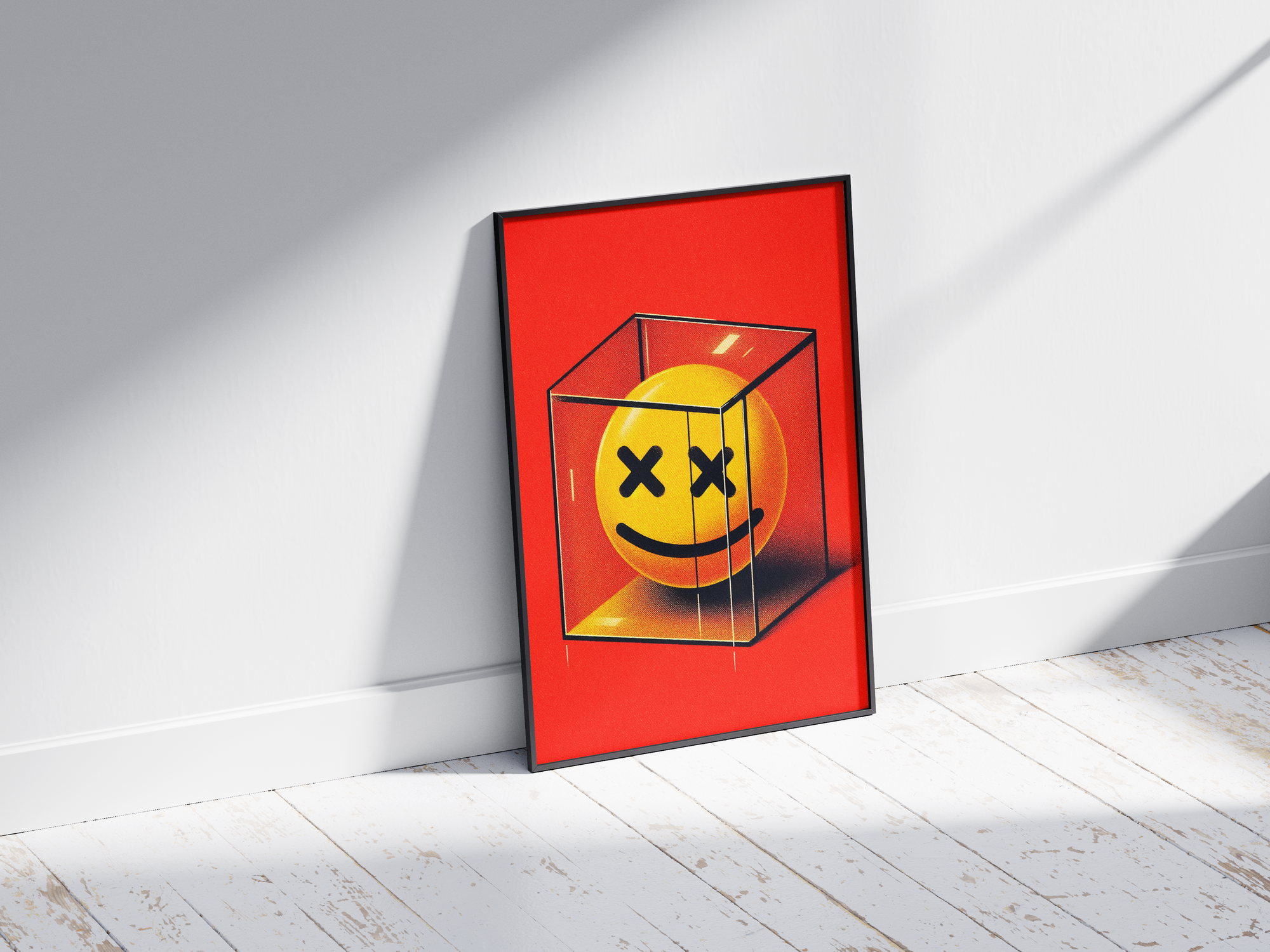 Vibrant pop art poster featuring a yellow smiley face with X eyes trapped inside a transparent cube against a red background, printed on semi-gloss sustainable paper. Perfect wall art for living rooms, game rooms, or modern interiors with a bold and edgy aesthetic.