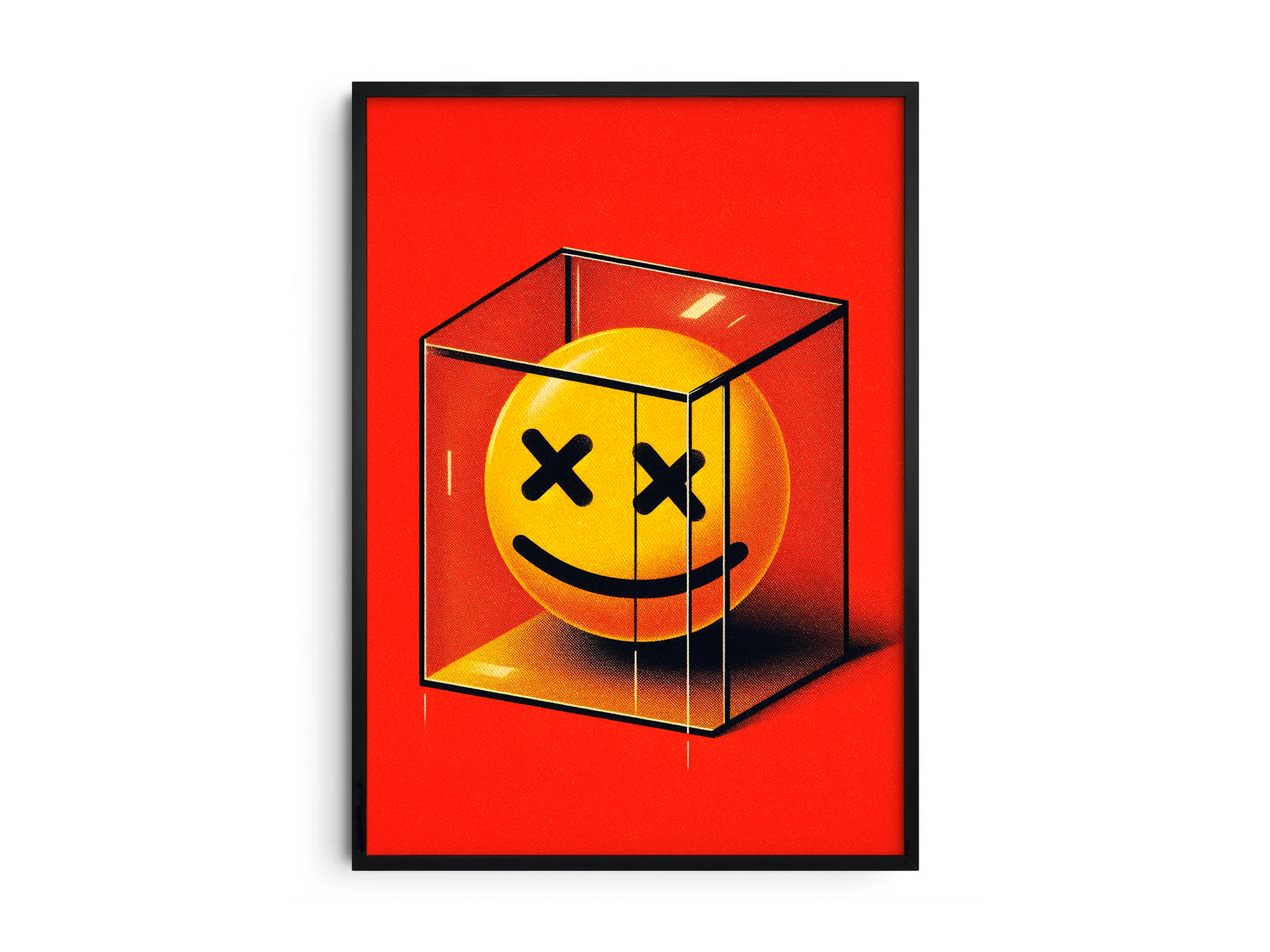Vibrant pop art poster featuring a yellow smiley face with X eyes trapped inside a transparent cube against a red background, printed on semi-gloss sustainable paper. Perfect wall art for living rooms, game rooms, or modern interiors with a bold and edgy aesthetic.