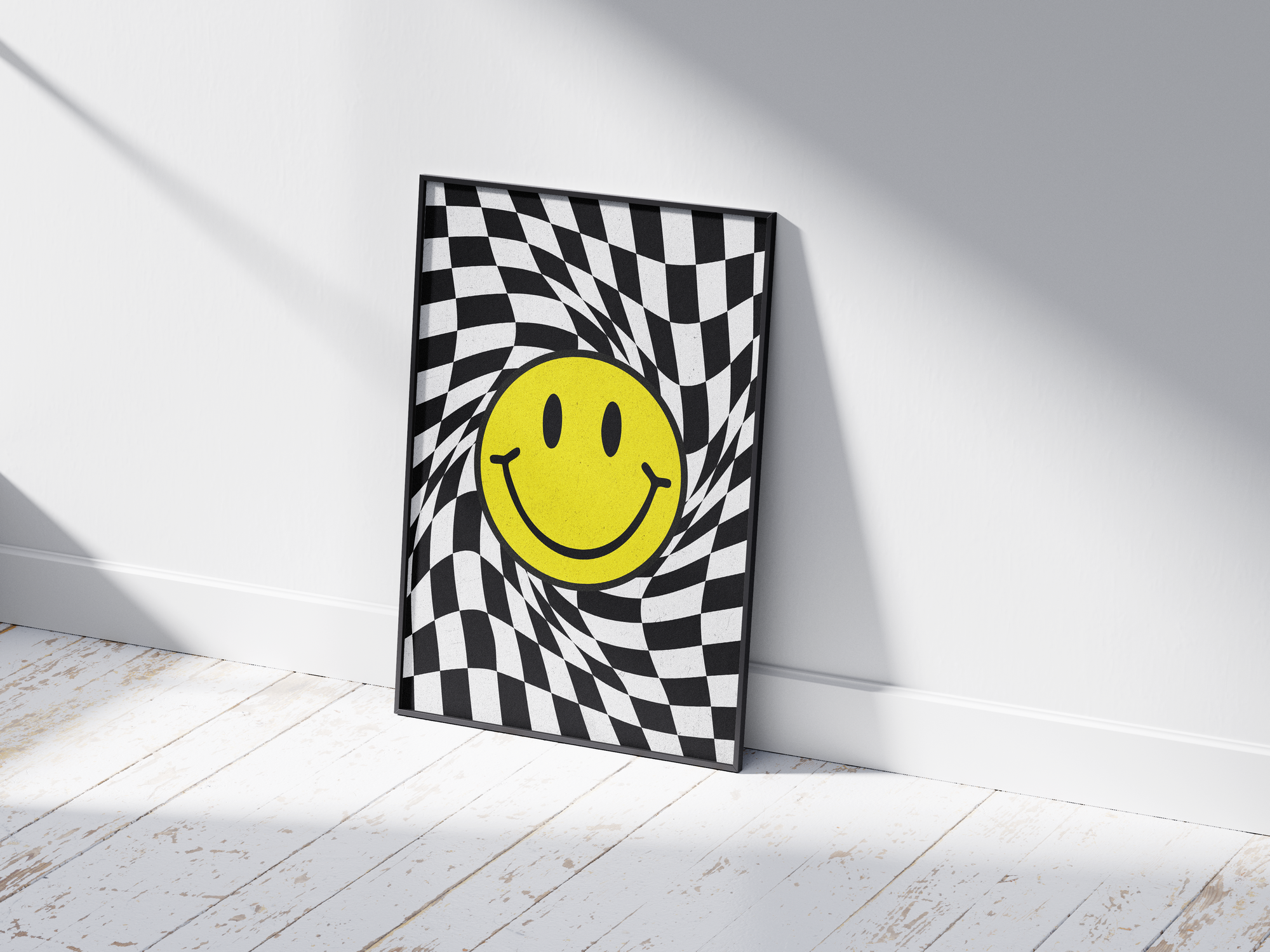 Vibrant "Trippy Checkered Smiley Art Poster" featuring a yellow smiley face on a distorted black and white checkerboard background, creating an optical illusion. Printed on semi-gloss sustainable paper, this modern pop art is perfect for living rooms, game rooms, or creative spaces, adding a unique and playful touch.