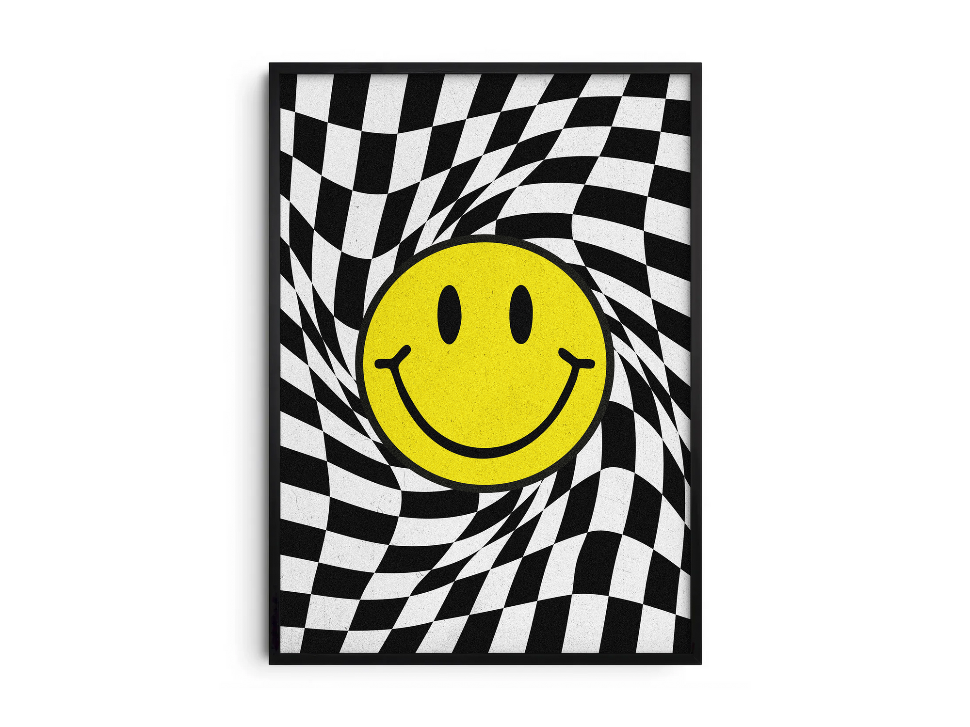 Vibrant "Trippy Checkered Smiley Art Poster" featuring a yellow smiley face on a distorted black and white checkerboard background, creating an optical illusion. Printed on semi-gloss sustainable paper, this modern pop art is perfect for living rooms, game rooms, or creative spaces, adding a unique and playful touch.