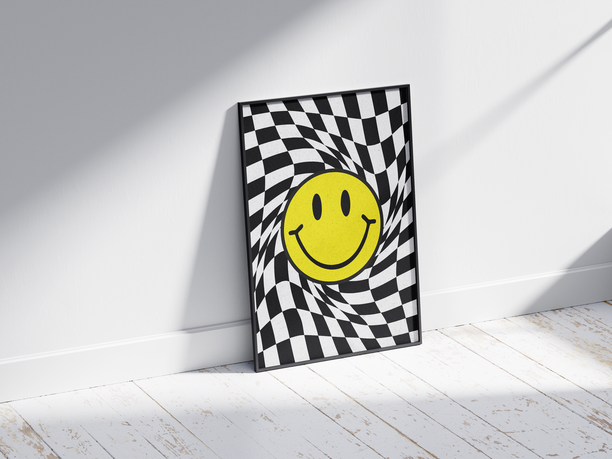 Vibrant "Trippy Checkered Smiley Art Poster" featuring a yellow smiley face on a distorted black and white checkerboard background, creating an optical illusion. Printed on semi-gloss sustainable paper, this modern pop art is perfect for living rooms, game rooms, or creative spaces, adding a unique and playful touch.