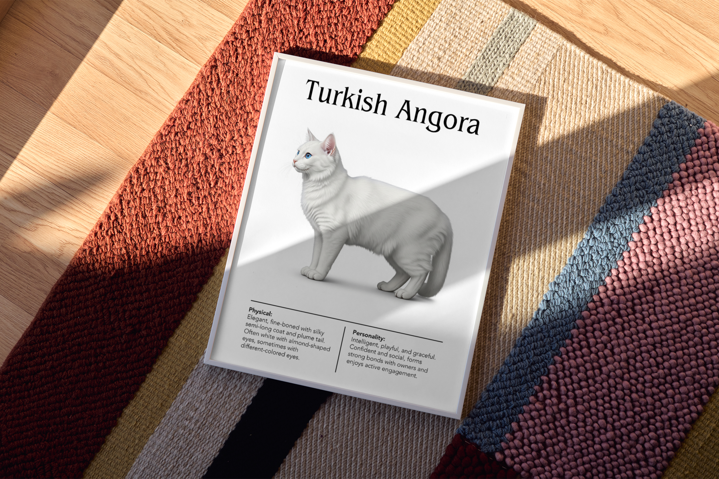 A white-framed poster of a white Turkish Angora cat with blue eyes, placed on a colorful, striped woven rug on a wooden floor.