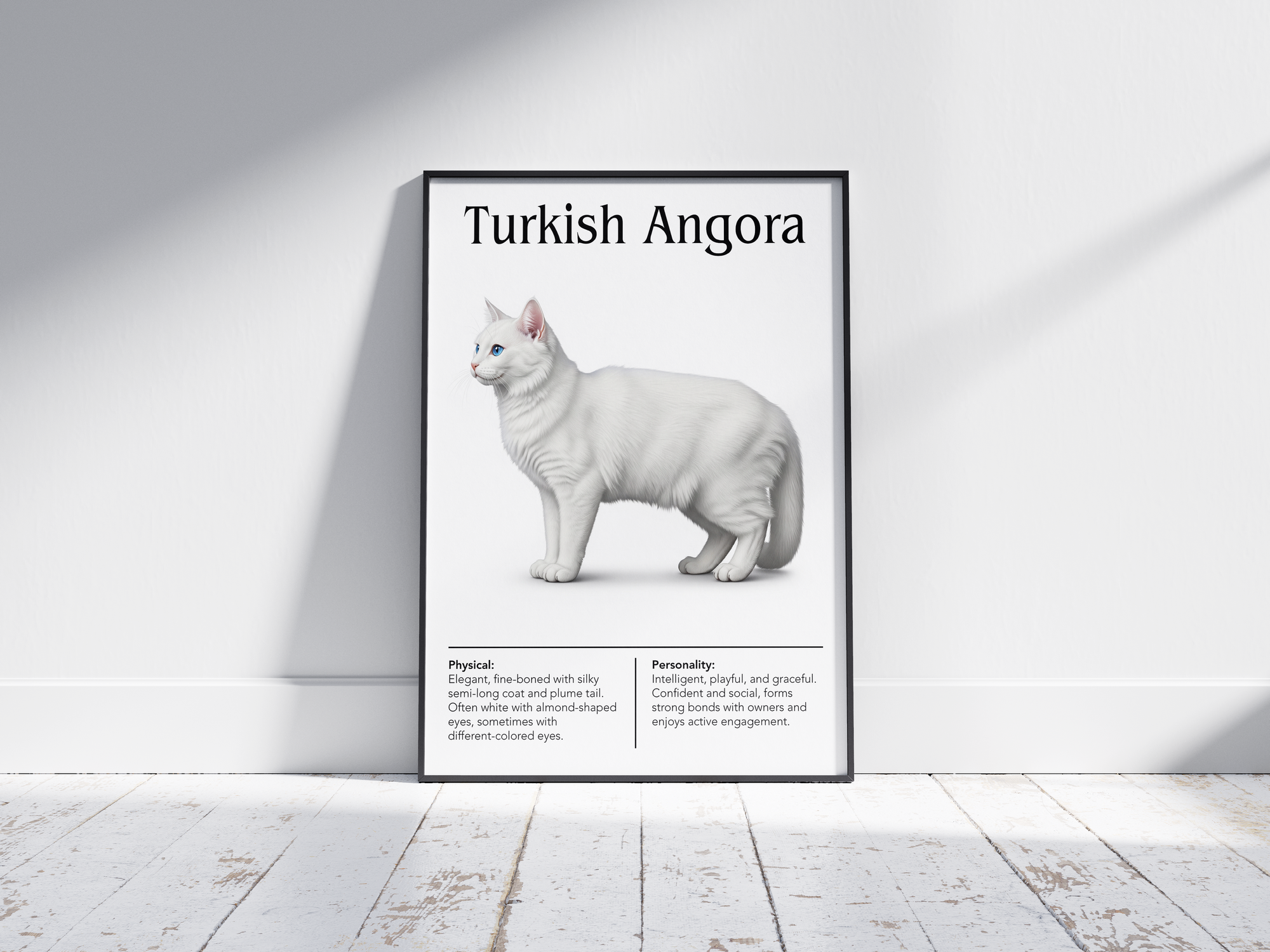Elegant Turkish Angora cat breed poster featuring a detailed illustration of its silky white coat and striking odd-colored eyes, printed on semi-gloss sustainable paper. Perfect wall art for sophisticated living rooms, studies, or luxurious interiors with a graceful and refined aesthetic.