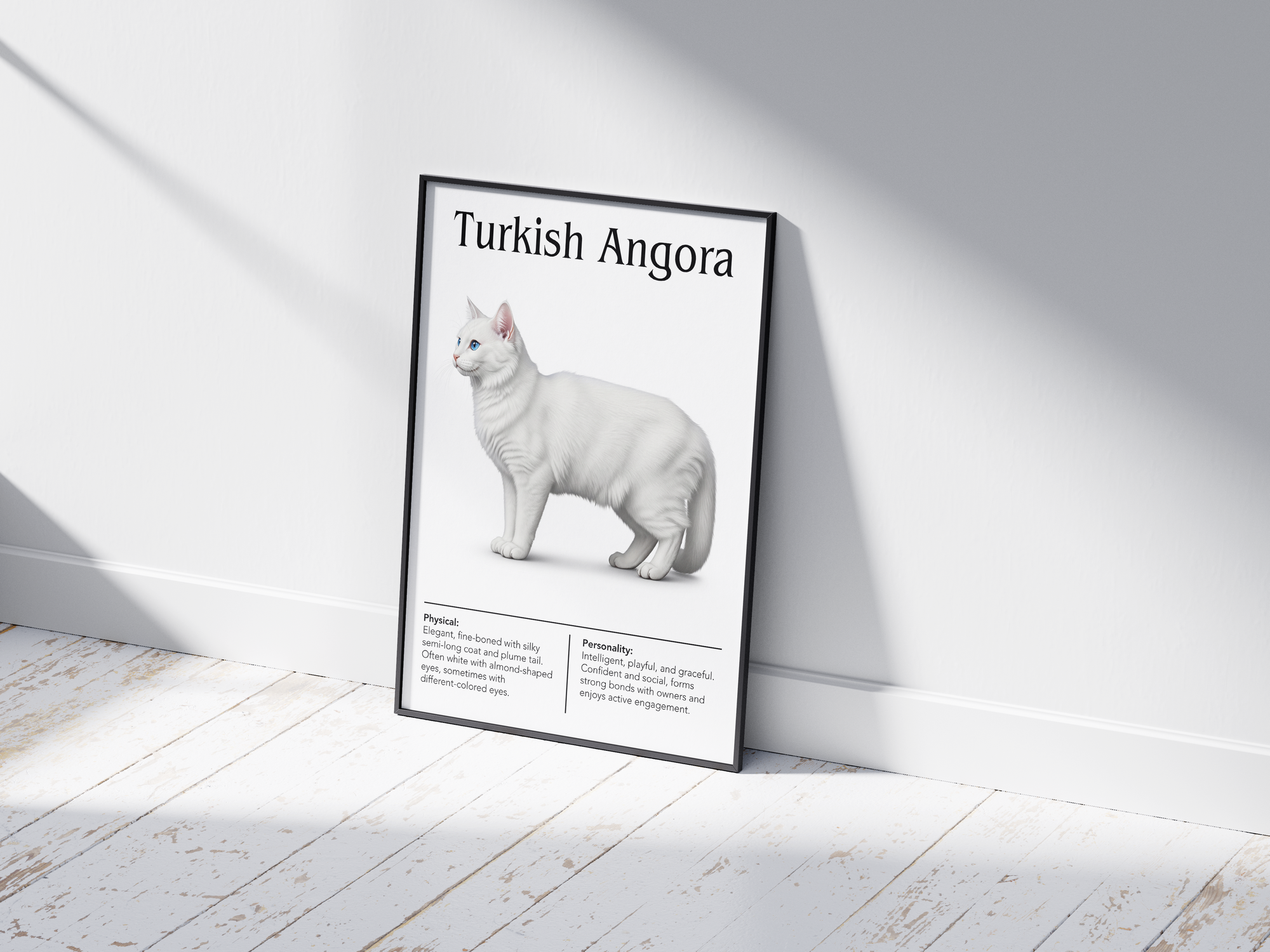 Elegant Turkish Angora cat breed poster featuring a detailed illustration of its silky white coat and striking odd-colored eyes, printed on semi-gloss sustainable paper. Perfect wall art for sophisticated living rooms, studies, or luxurious interiors with a graceful and refined aesthetic.