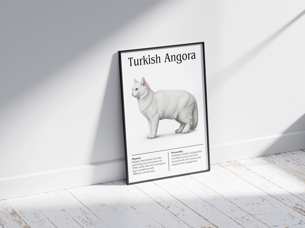 Elegant Turkish Angora cat breed poster featuring a detailed illustration of its silky white coat and striking odd-colored eyes, printed on semi-gloss sustainable paper. Perfect wall art for sophisticated living rooms, studies, or luxurious interiors with a graceful and refined aesthetic.