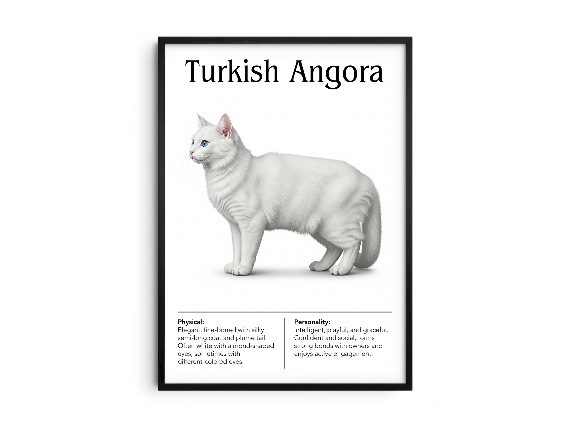 Elegant Turkish Angora cat breed poster featuring a detailed illustration of its silky white coat and striking odd-colored eyes, printed on semi-gloss sustainable paper. Perfect wall art for sophisticated living rooms, studies, or luxurious interiors with a graceful and refined aesthetic.