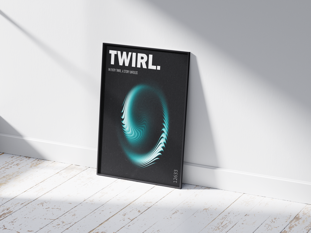 'Twirl' poster featuring a dynamic turquoise and teal swirl graphic on a deep black background, including the poetic quote "In every twirl, a story unfolds". Perfect modern wall art for living rooms, offices, or minimalist interiors seeking a sleek and energetic focal point.