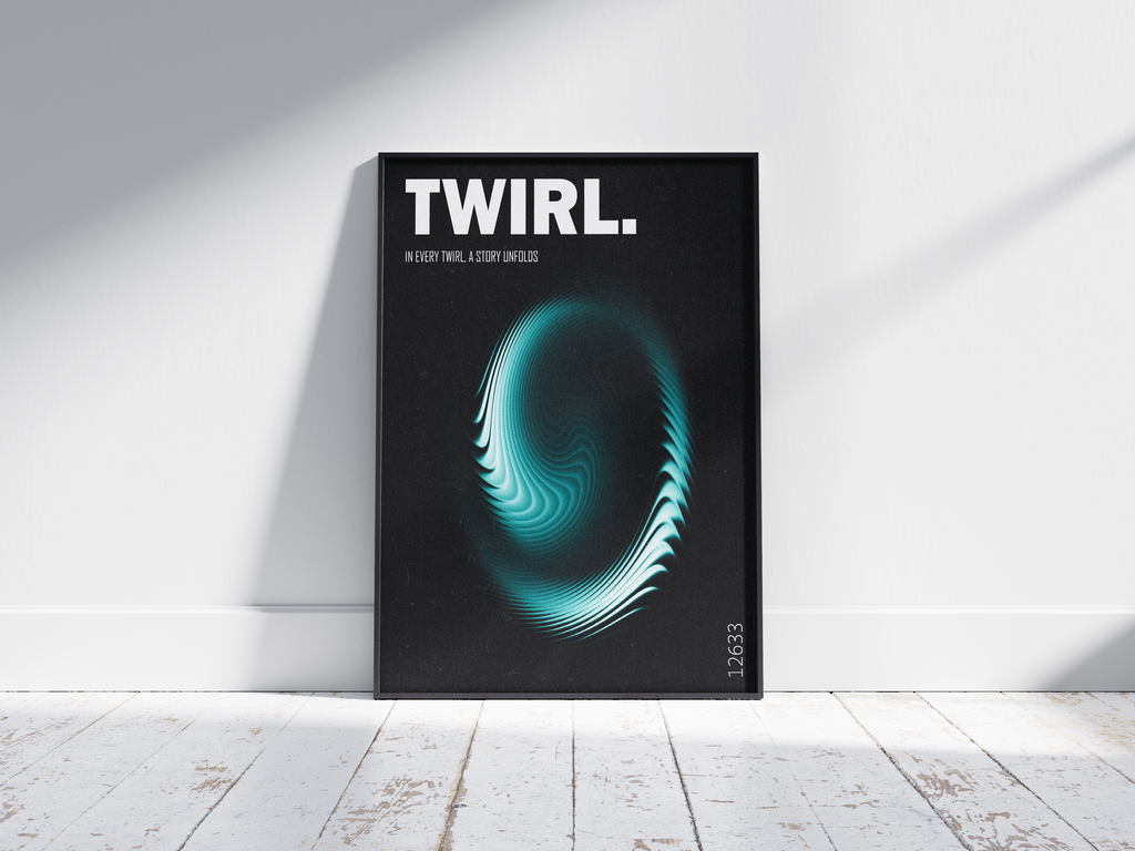 'Twirl' poster featuring a dynamic turquoise and teal swirl graphic on a deep black background, including the poetic quote "In every twirl, a story unfolds". Perfect modern wall art for living rooms, offices, or minimalist interiors seeking a sleek and energetic focal point.