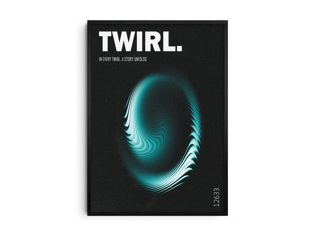 'Twirl' poster featuring a dynamic turquoise and teal swirl graphic on a deep black background, including the poetic quote "In every twirl, a story unfolds". Perfect modern wall art for living rooms, offices, or minimalist interiors seeking a sleek and energetic focal point.